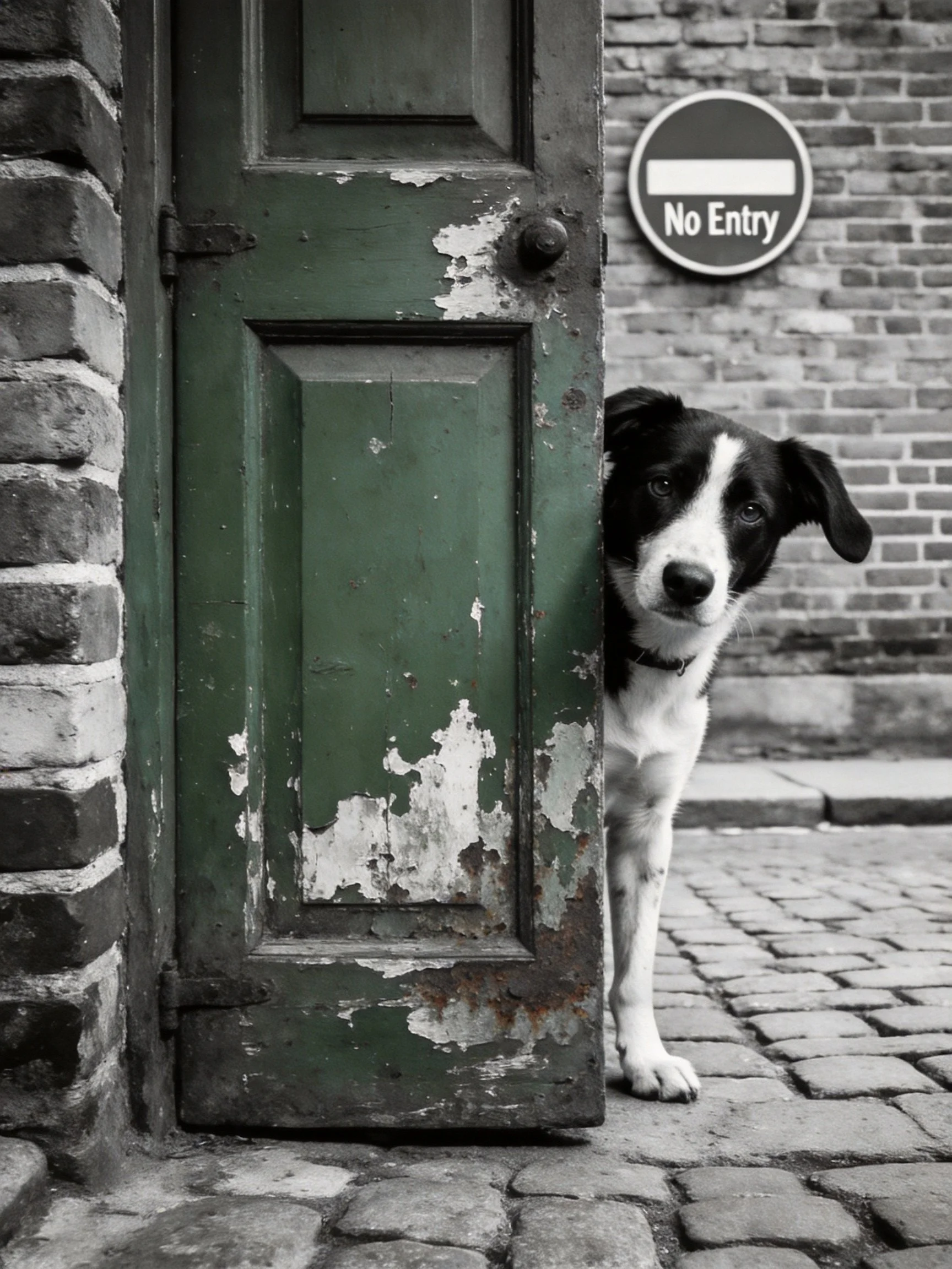 A black and white dog hides behind a weathered green door near a No Entry sign.