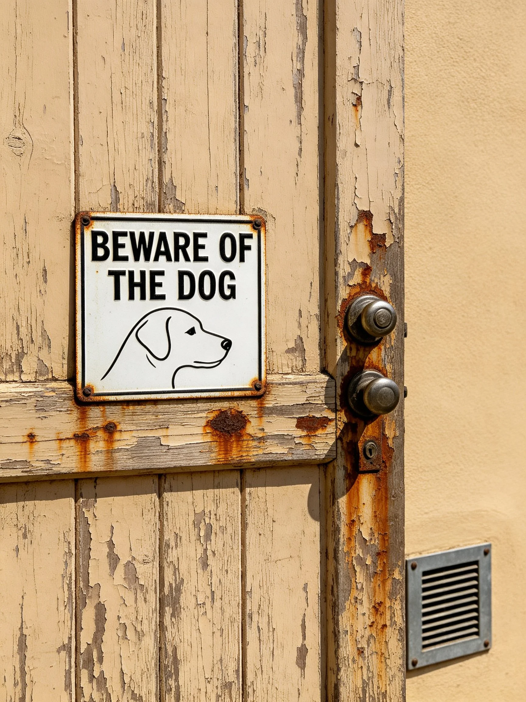 An aged wooden door features a warning sign and rusty fixtures.