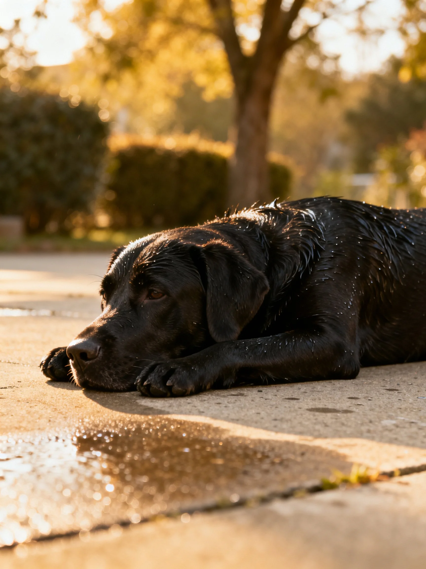 A wet black Labrador lies on a sunlit concrete path
