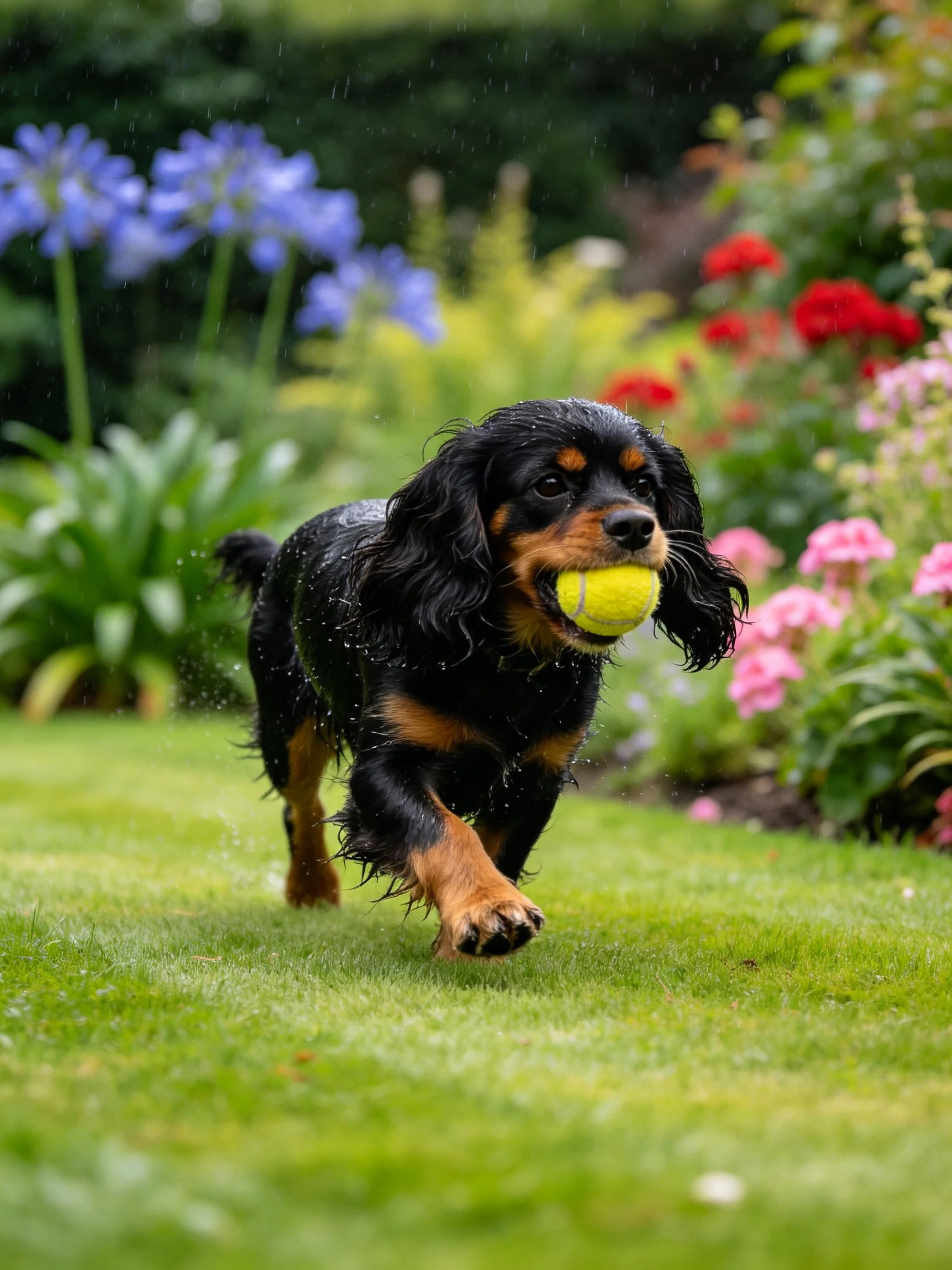 A wet black and tan dog carries a yellow tennis ball through a colorful flower garden.