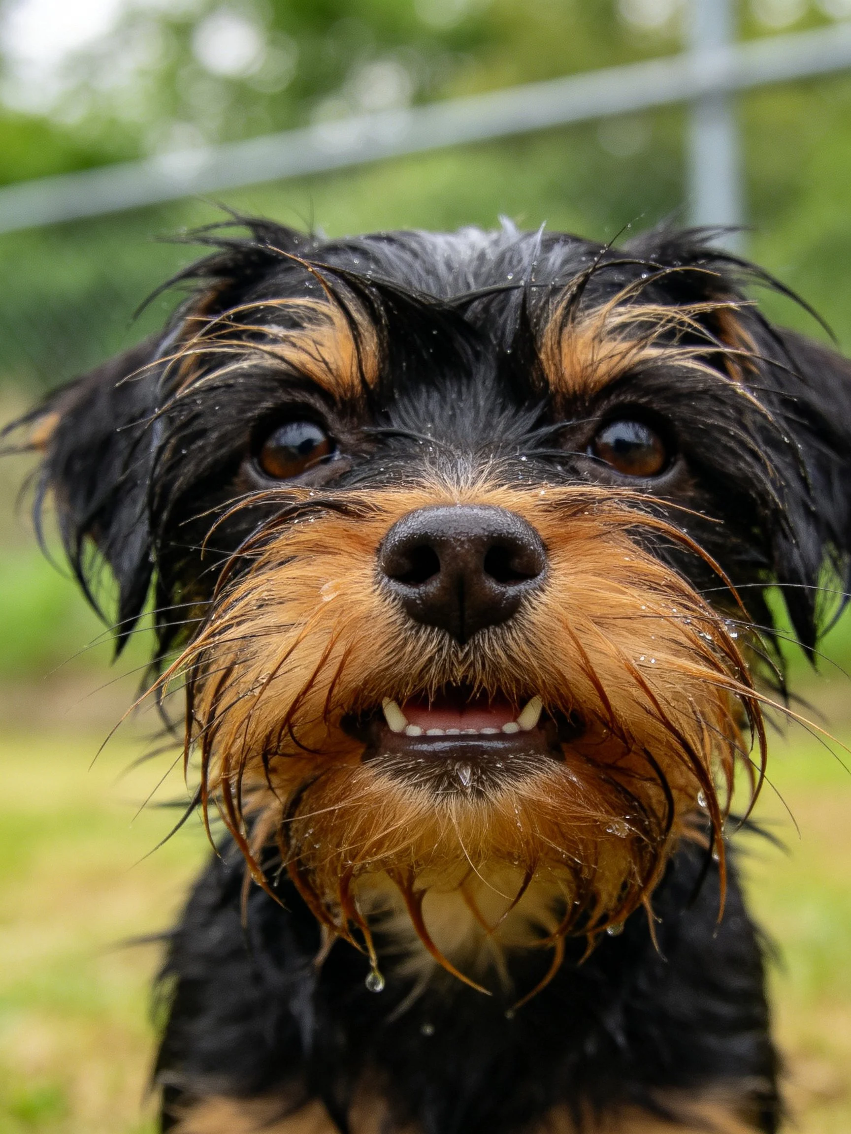 A close - up of a wet black and tan terrier with bright eyes in an outdoor environment.