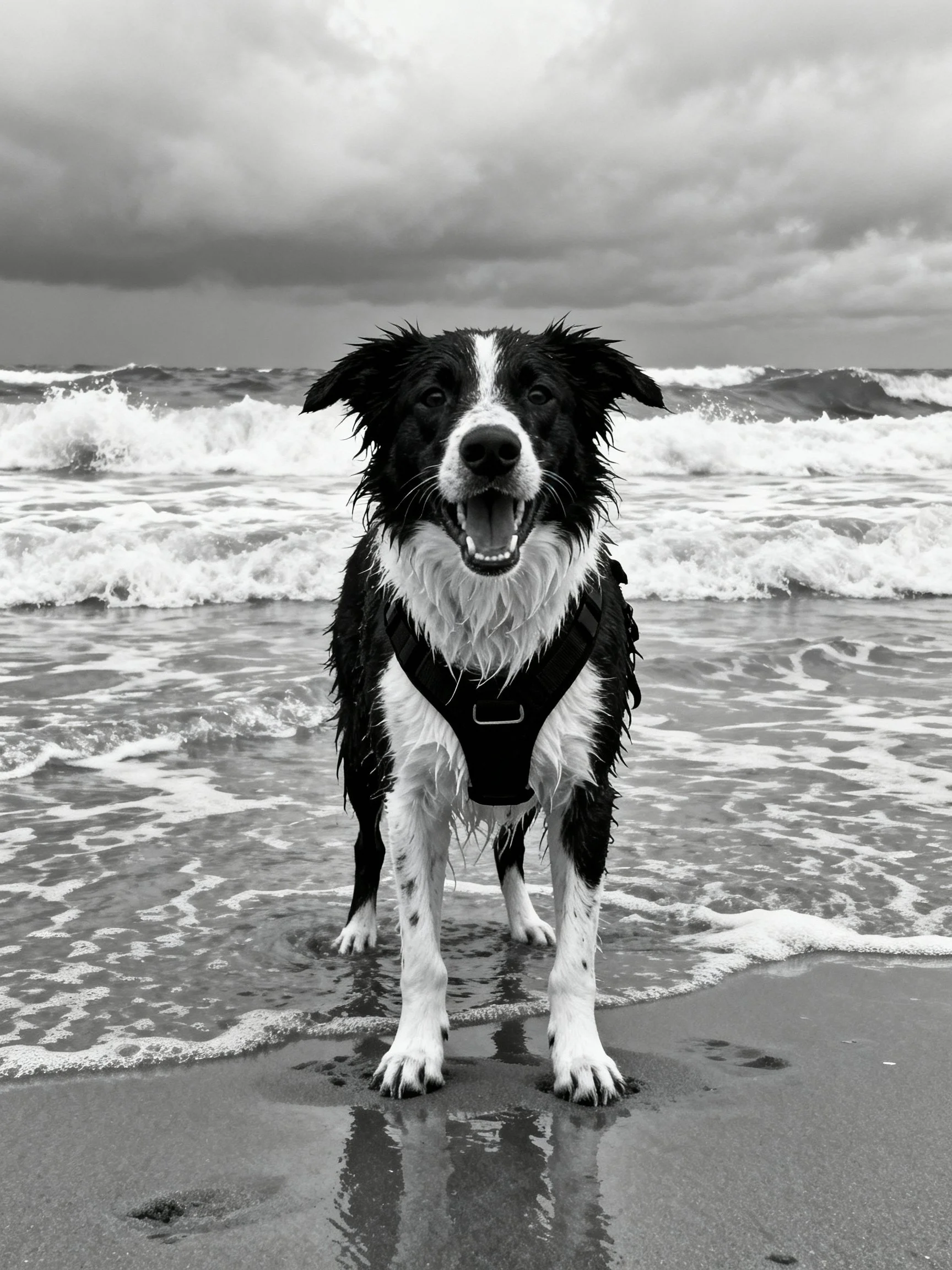 A wet black and white dog stands on a sandy shore with crashing ocean waves