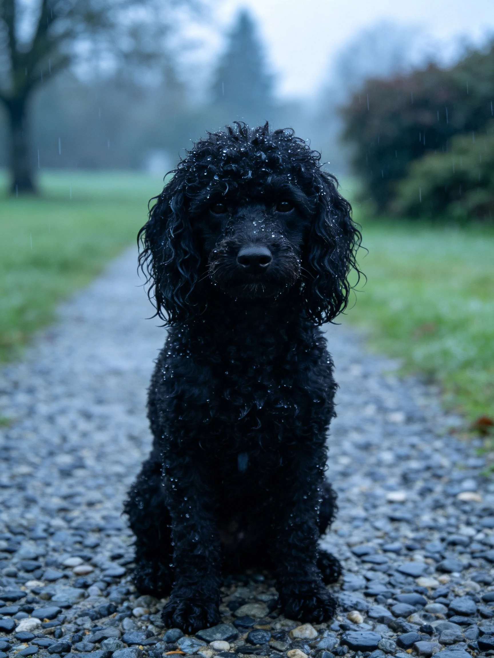 A wet black curly - coated dog sits on a gravel path in rain