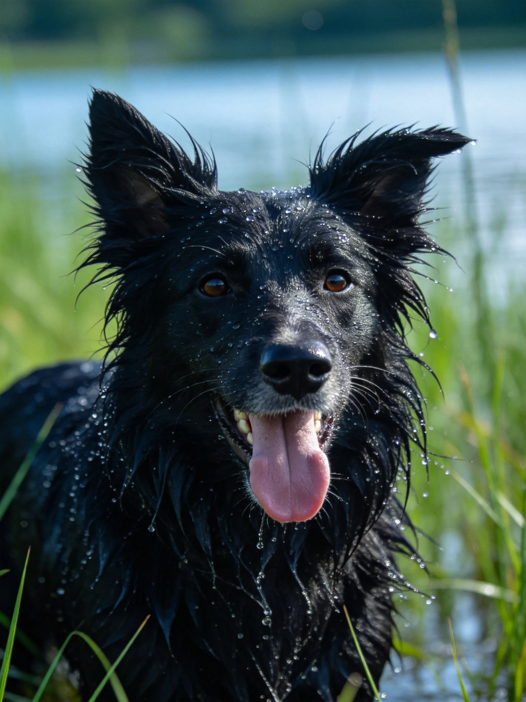 A wet black dog stands in tall grass near water.