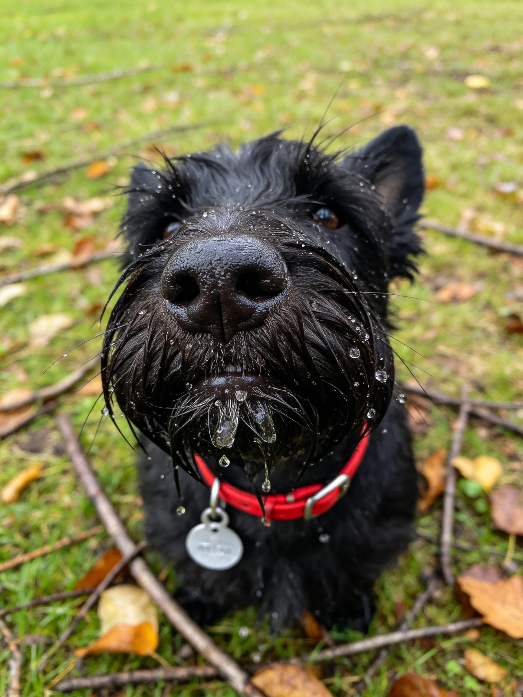 A wet black terrier with water droplets, wearing a red collar outdoors