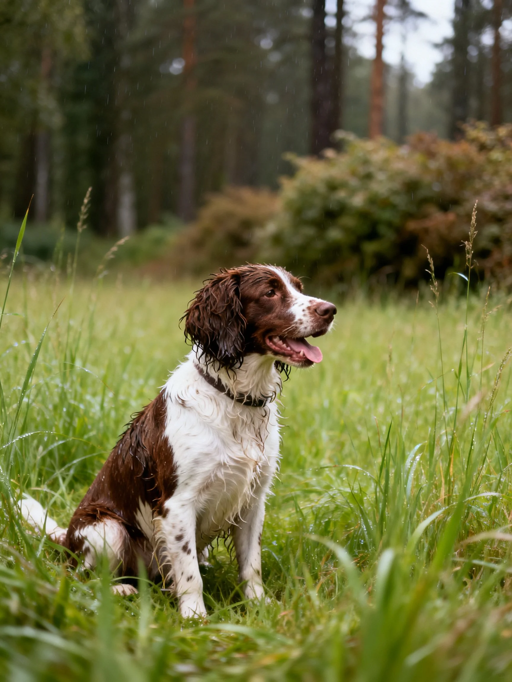 A wet brown and white spaniel sits in tall grass during a rainy forest day