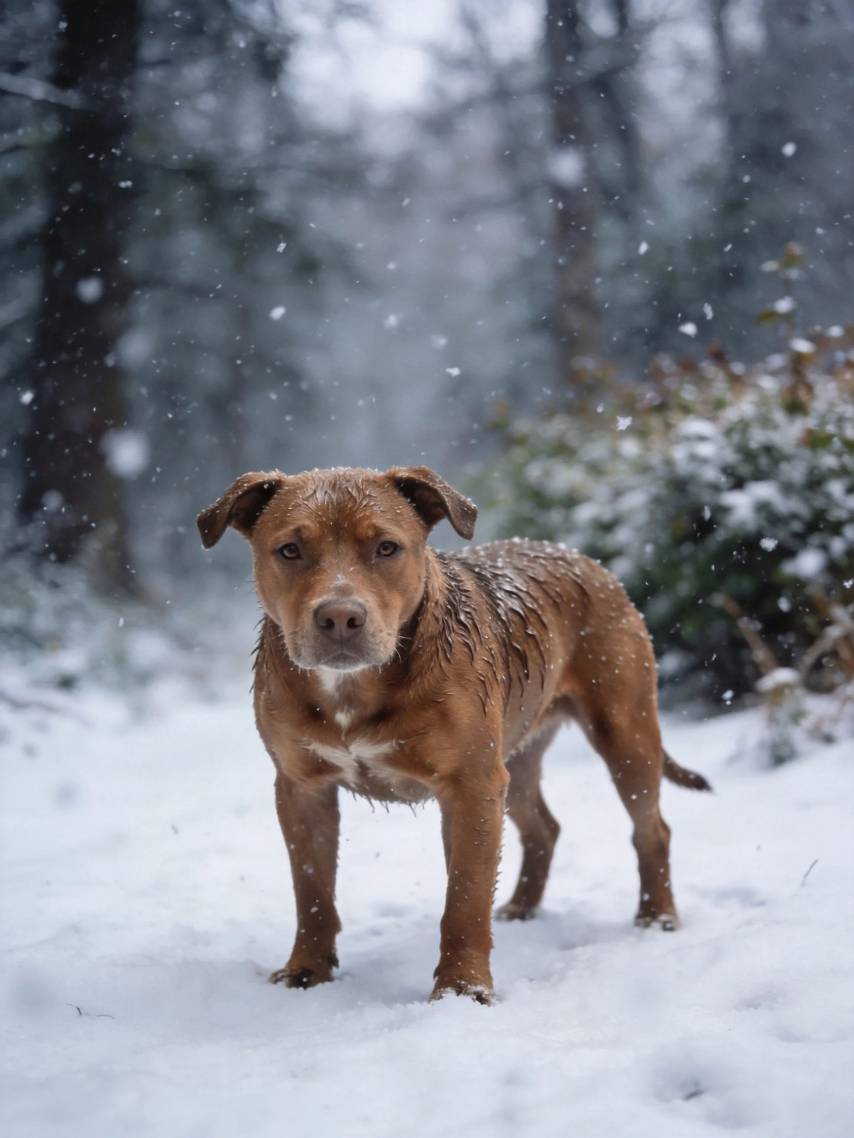 A wet brown dog stands in falling snow amid snowy trees