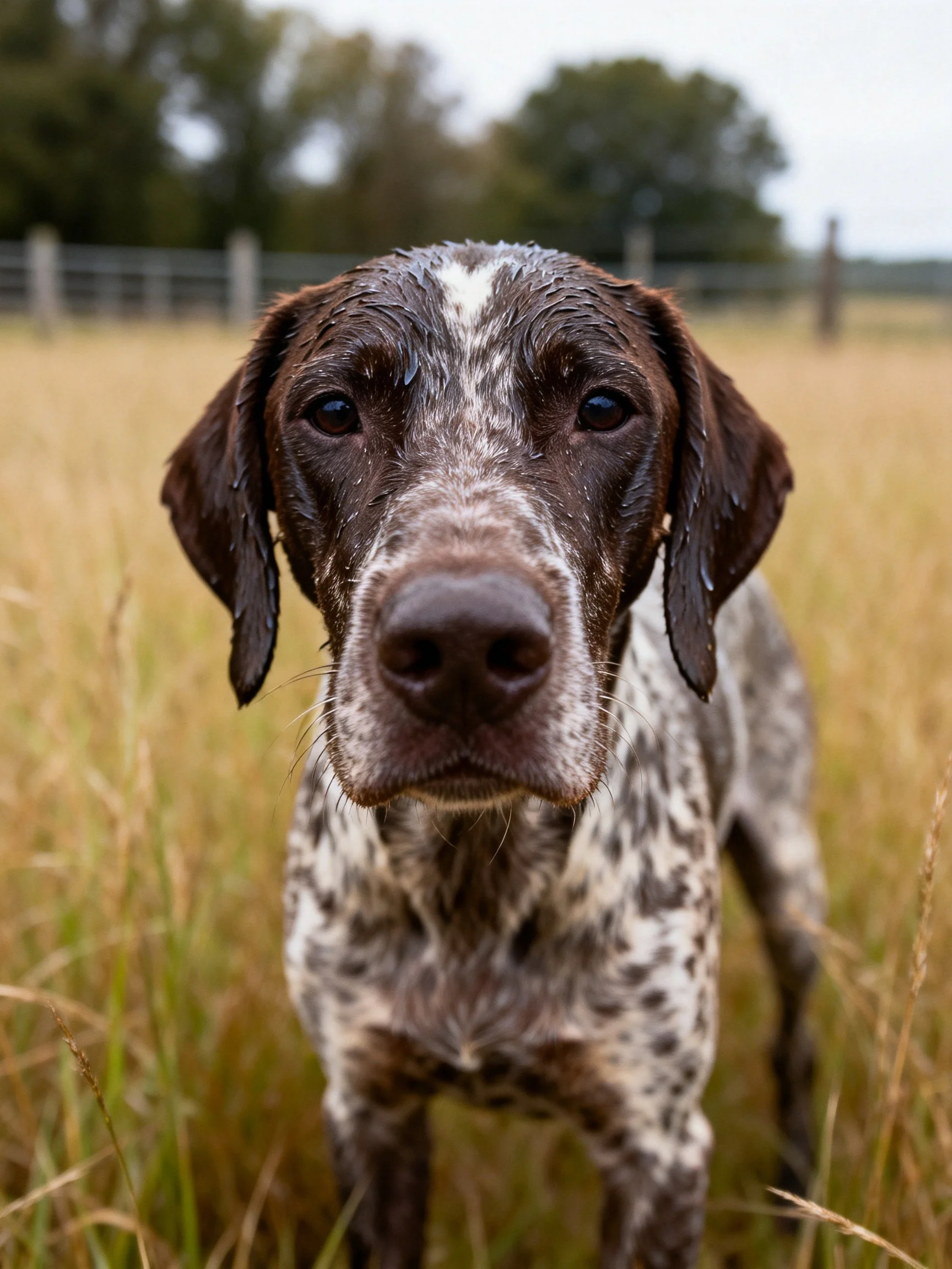 A wet-coated pointer dog in golden grass near a fence