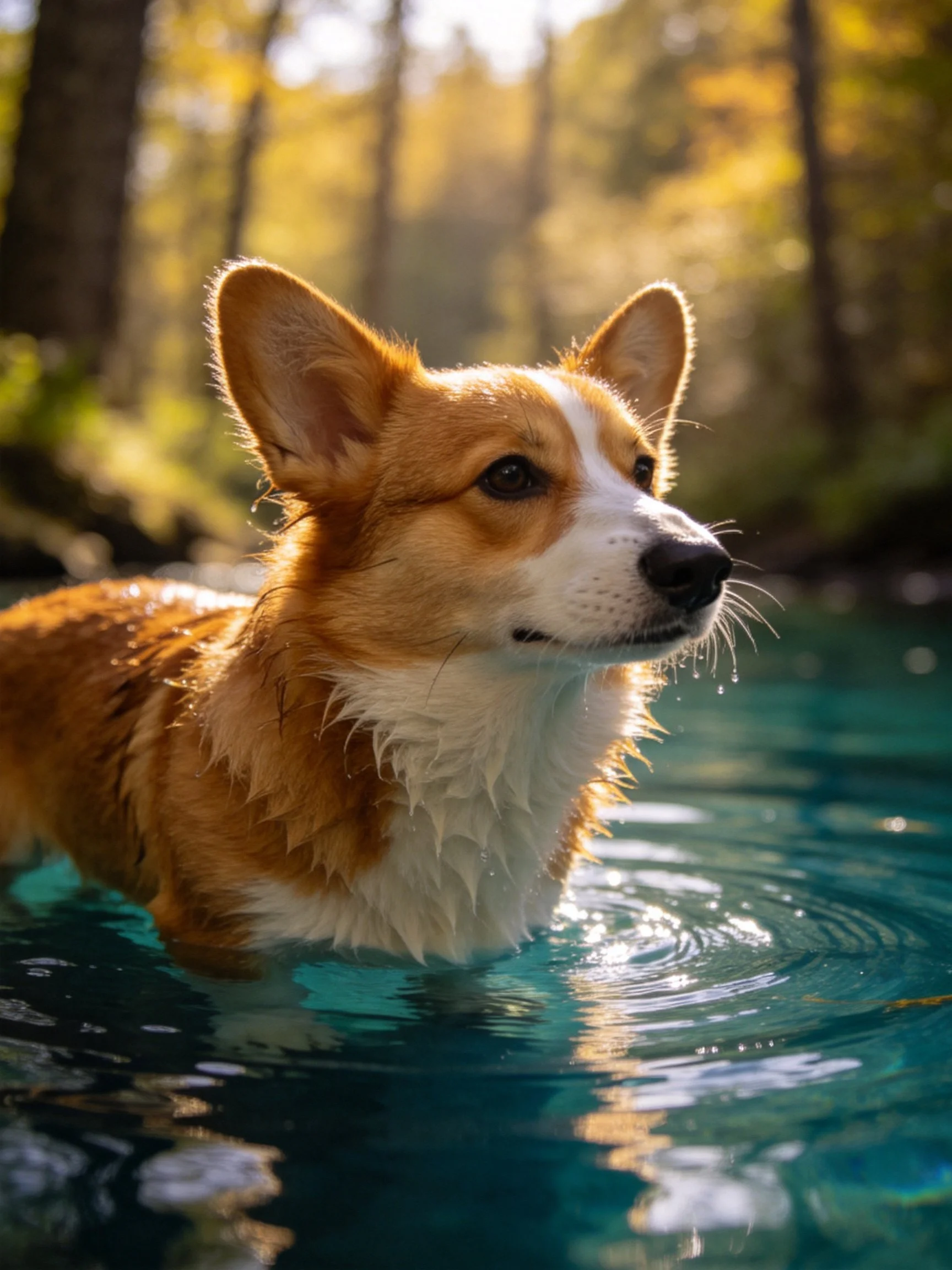 A corgi stands in clear water with sunlight filtering through nearby trees.