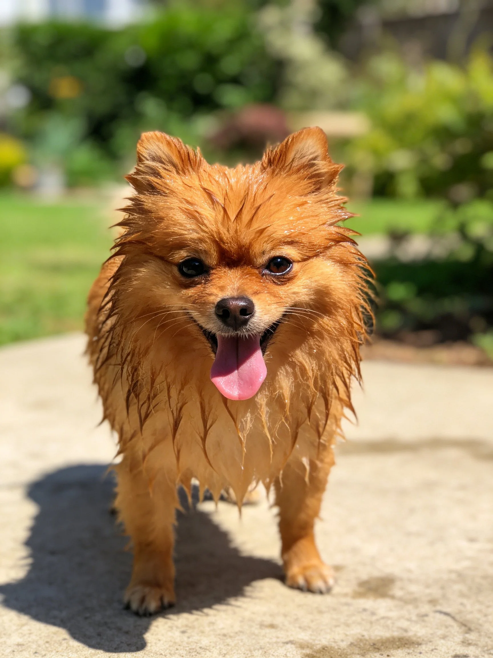 A wet golden-brown Pomeranian stands on a concrete path in a sunlit outdoor area.