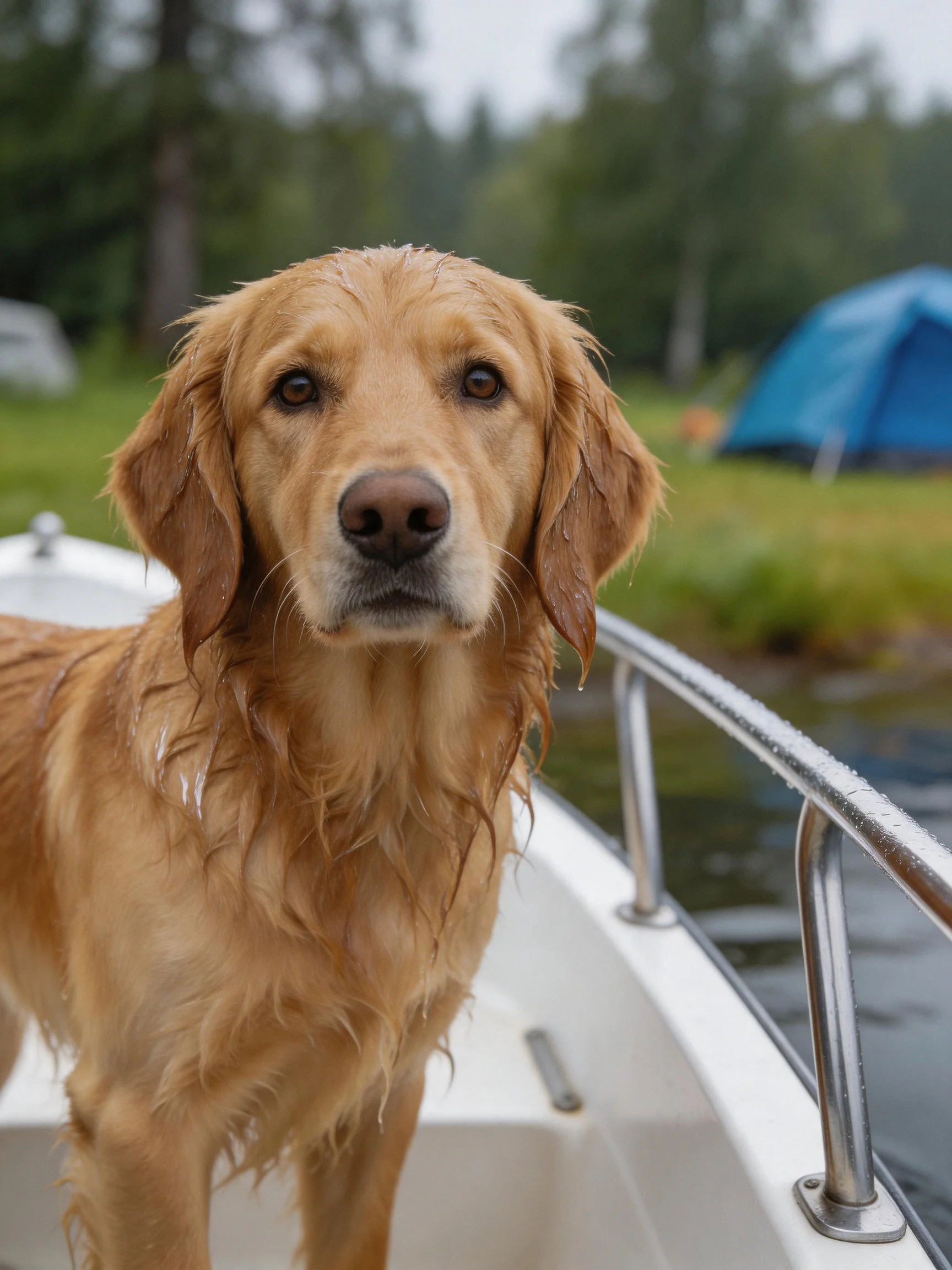 A wet golden retriever stands on a boat with a blue tent nearby