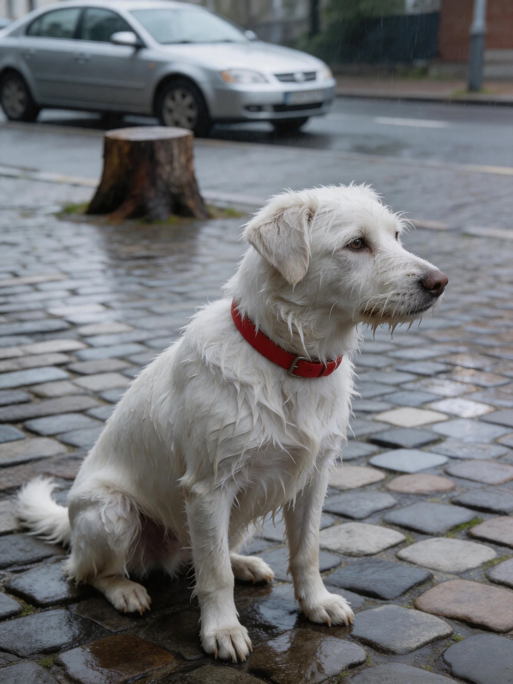A wet white dog sits on a rainy cobblestone street with a silver car and tree stump nearby.