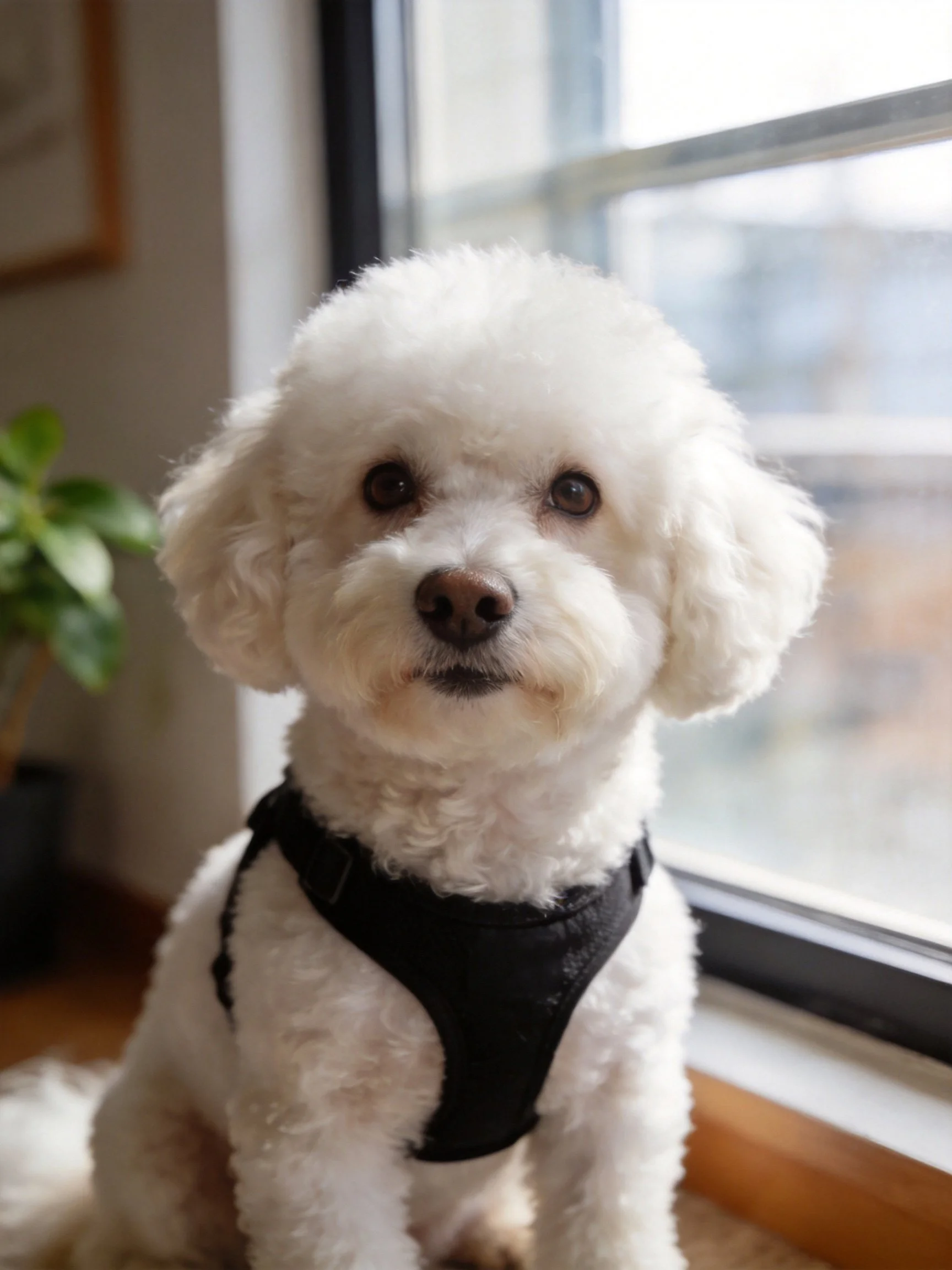A white Bichon Frise in a black harness by a bright window