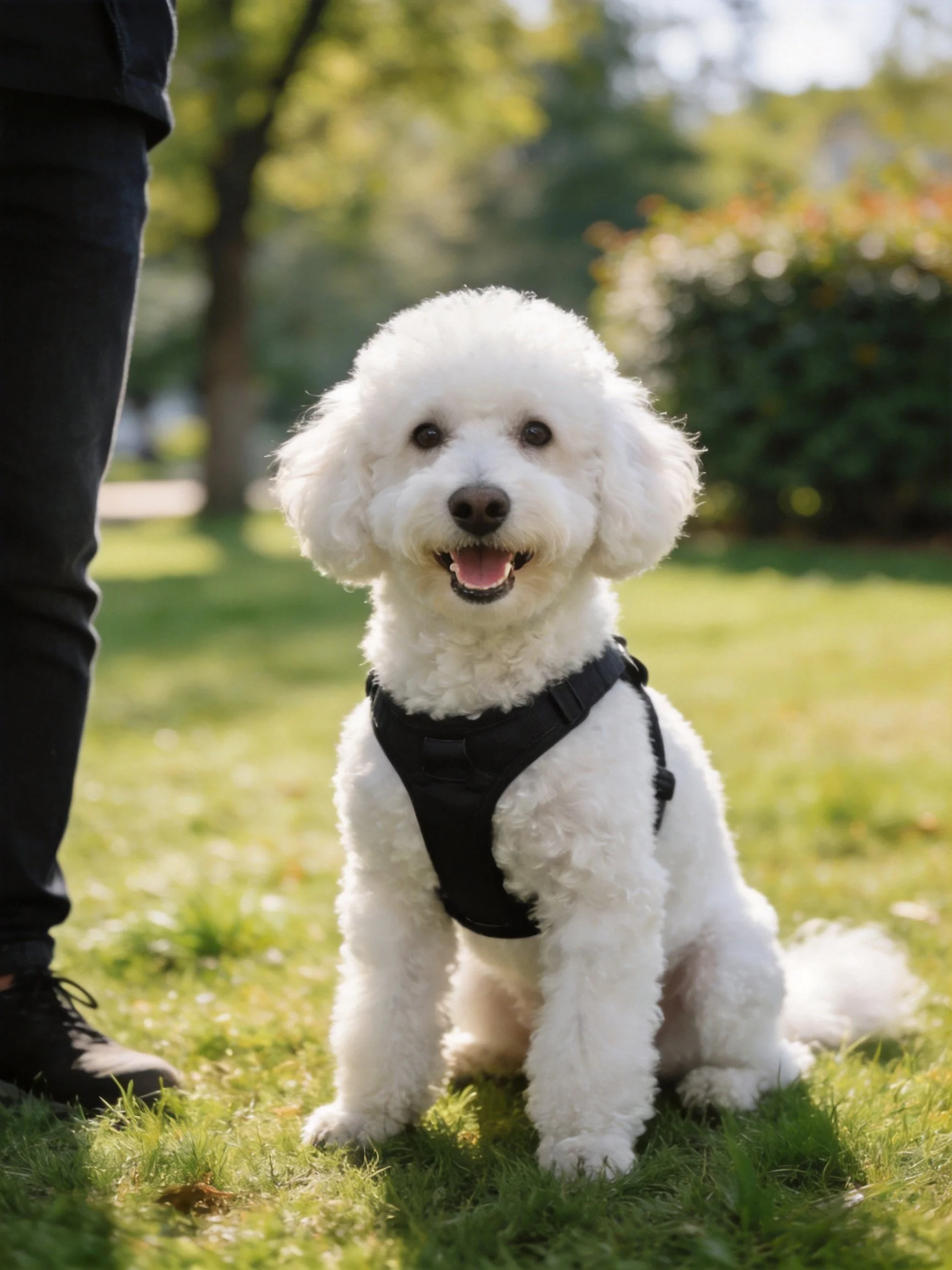 A white Bichon Frise in a black harness sits on grass near a person