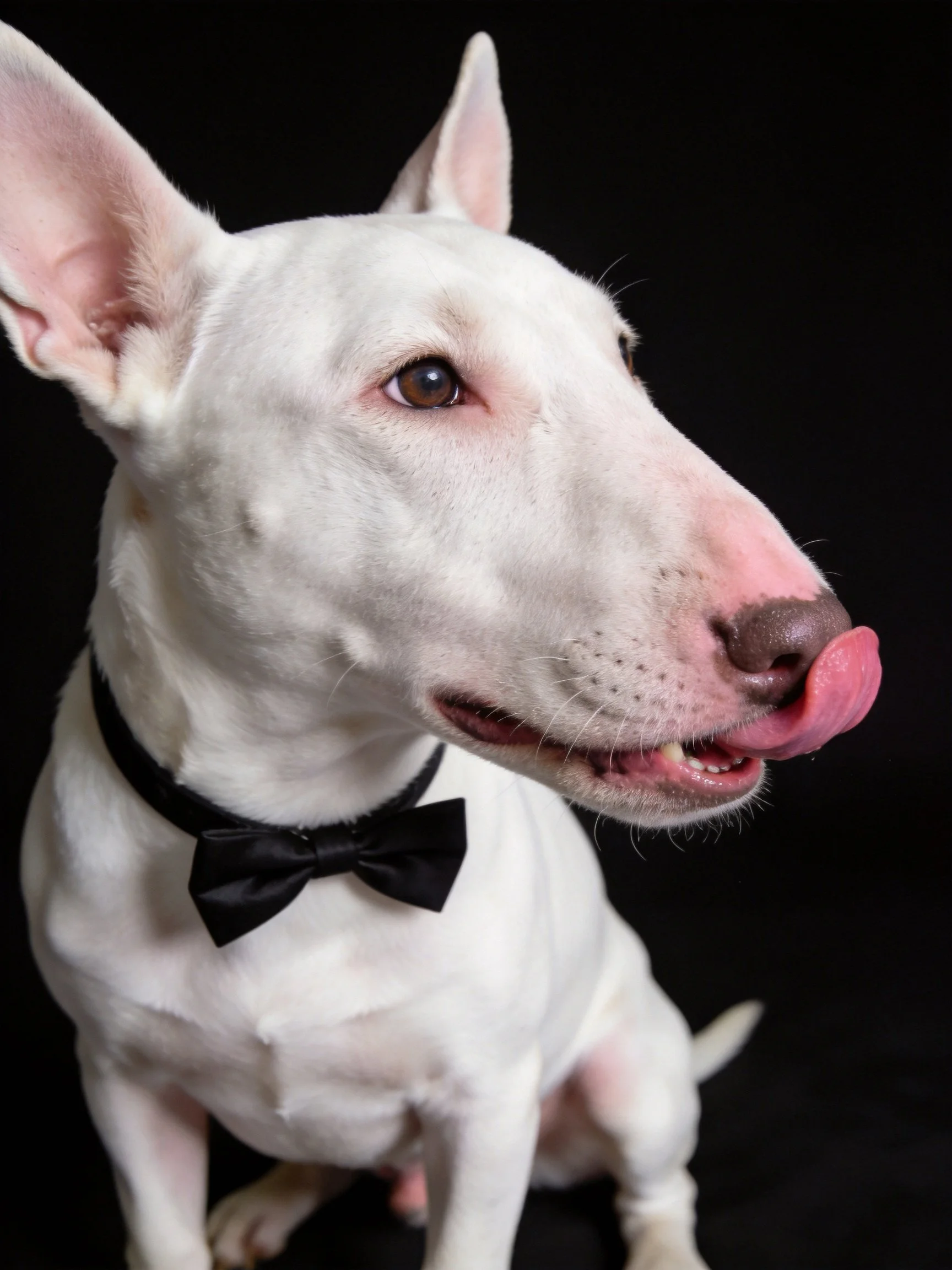 A white Bull Terrier with a black bow tie stands out against a dark background