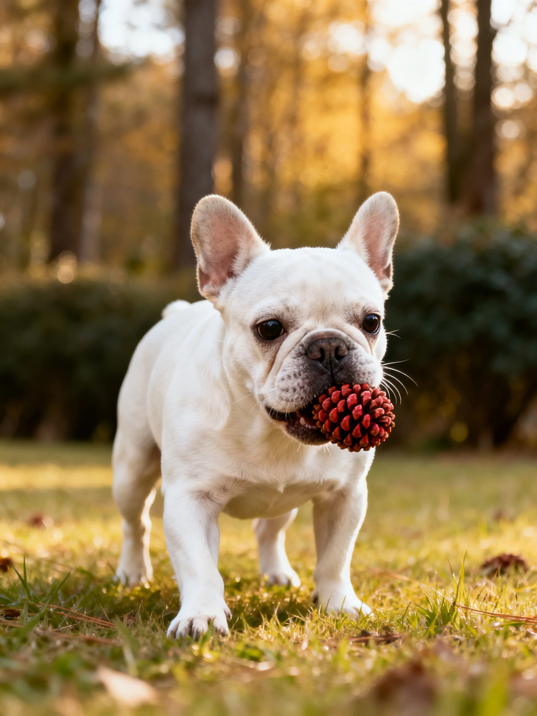 A white French Bulldog carries a red pine cone in an outdoor setting.