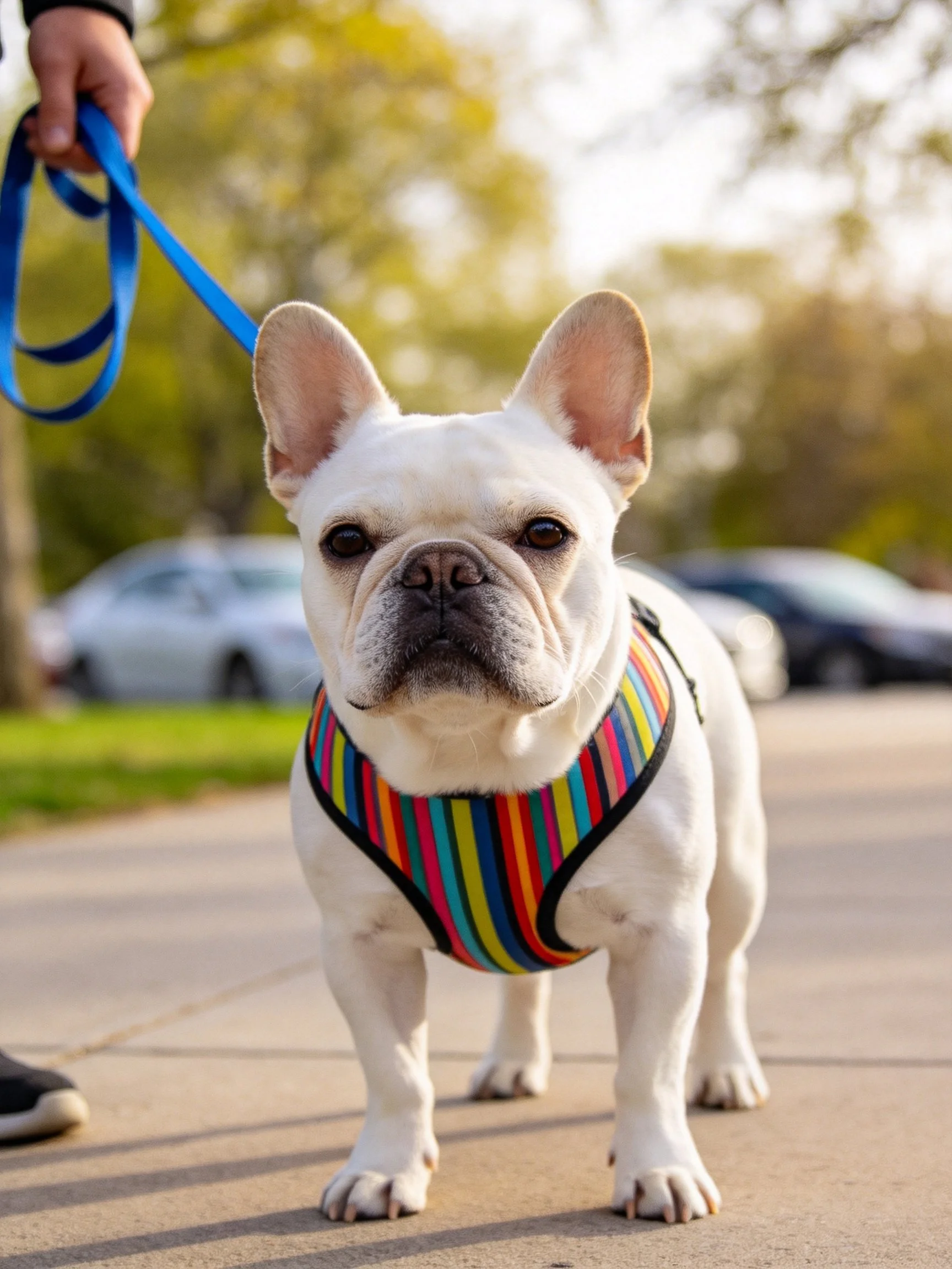 A white French Bulldog stands on a sidewalk with a blue leash attached.