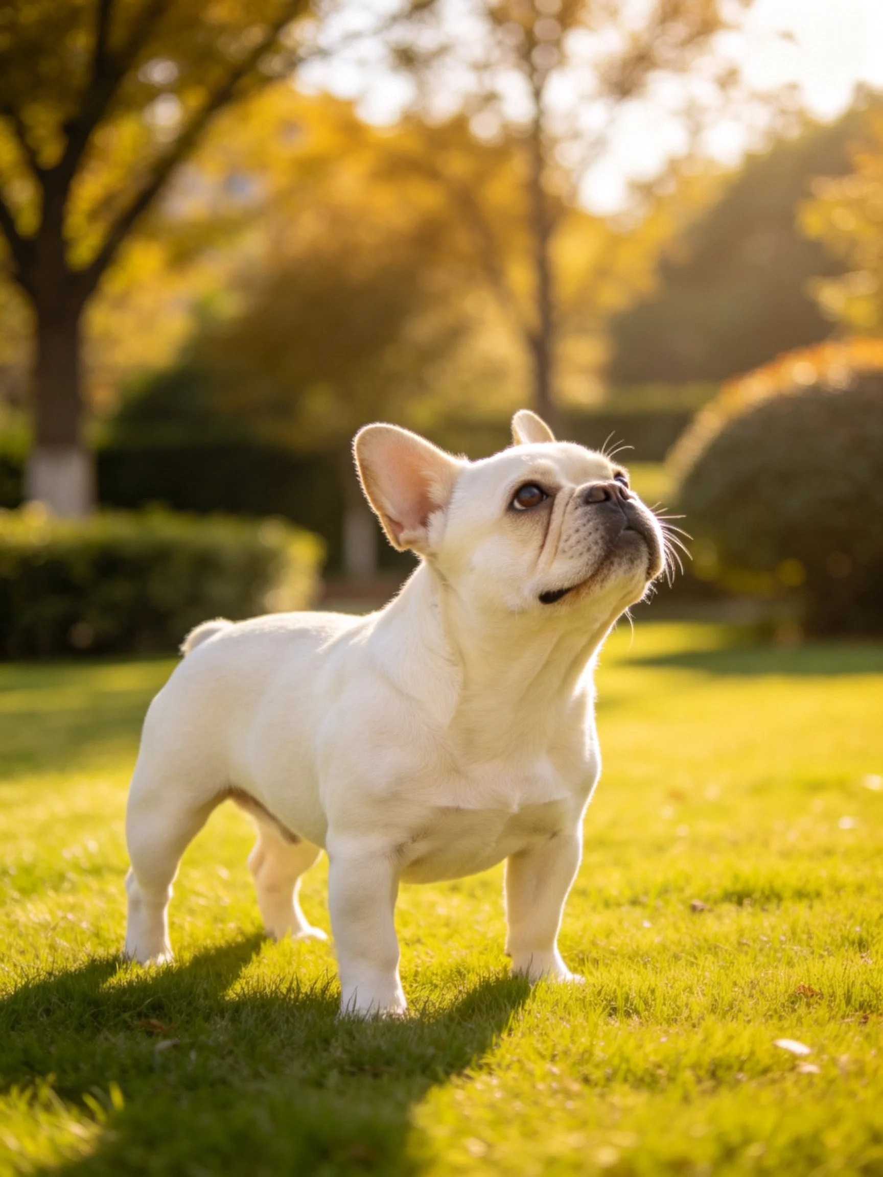 A white French Bulldog puppy stands on green grass in a sunlit outdoor setting.
