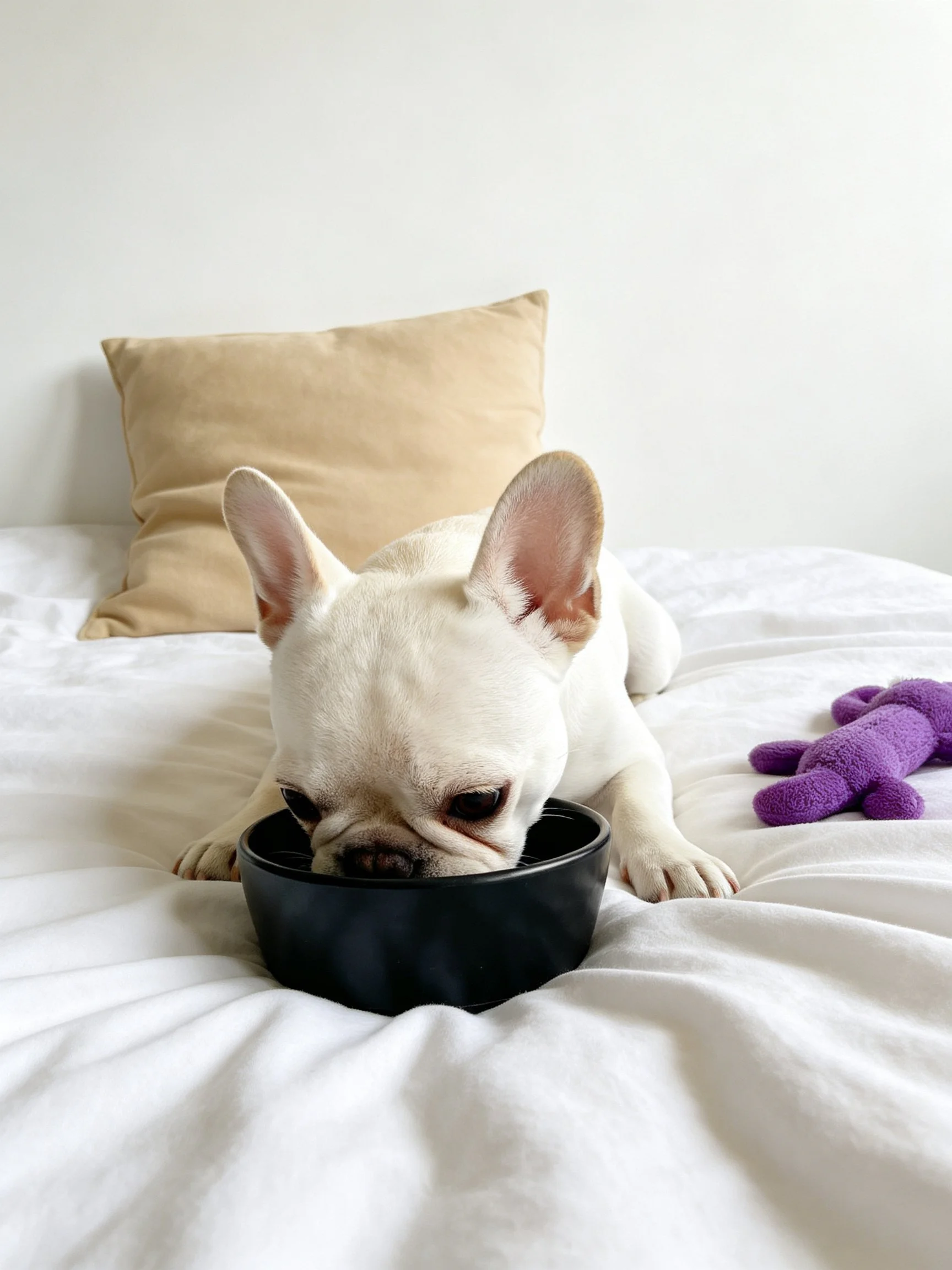 A white French bulldog eats from a bowl on a white bed with a beige pillow nearby.