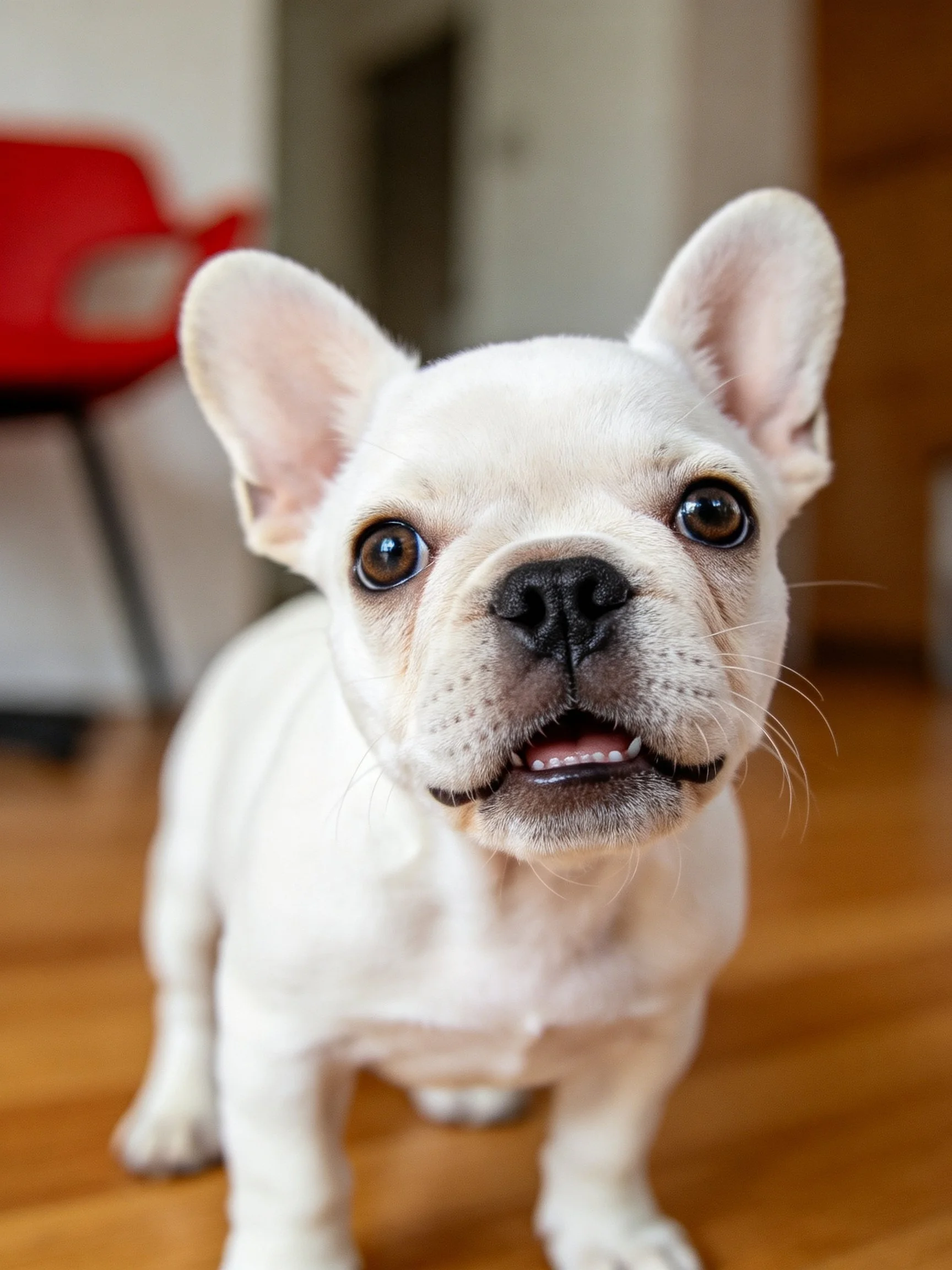 A white French bulldog puppy gazes directly at the camera on a wooden surface.