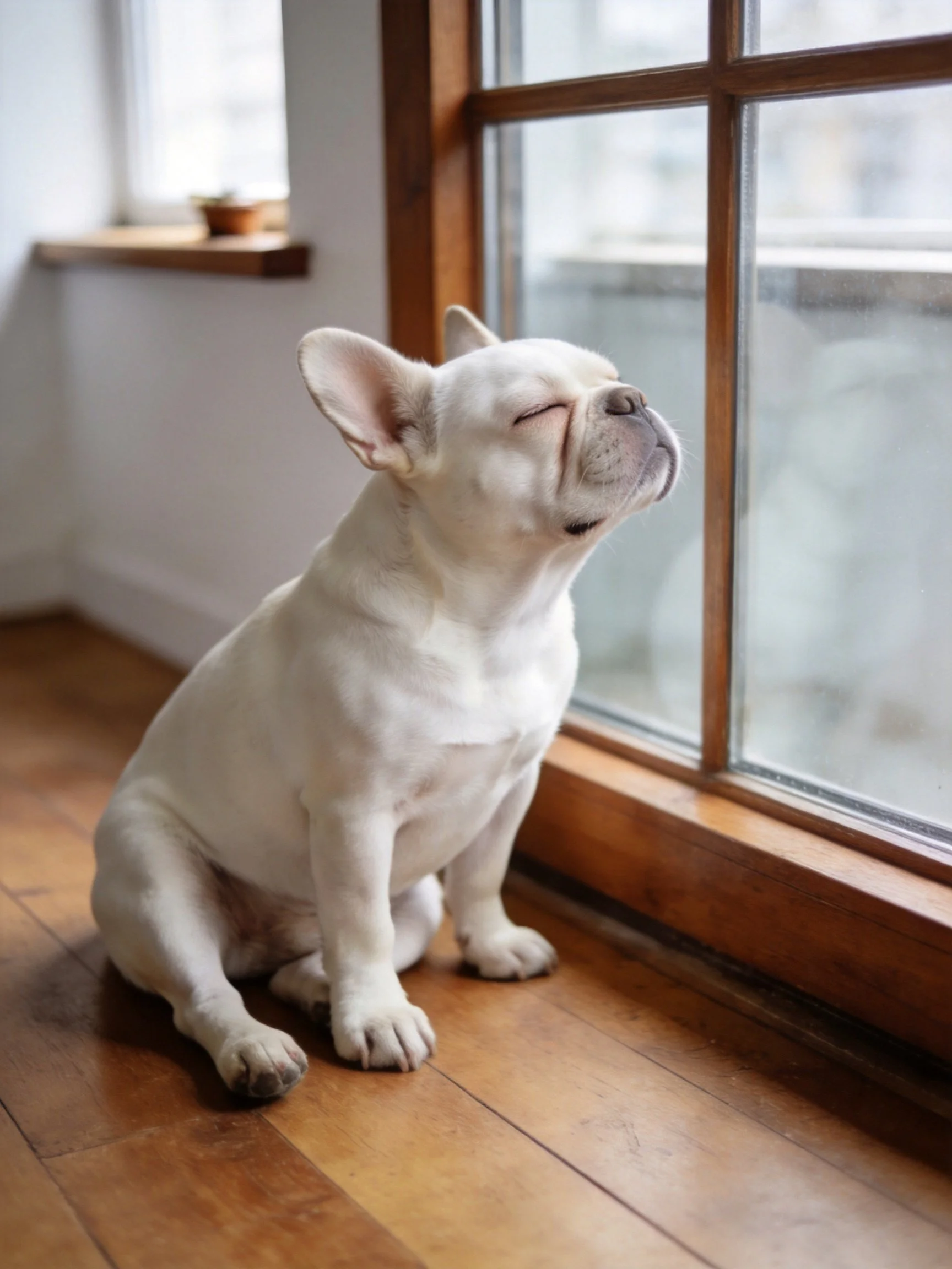 A white French bulldog relaxes near a wooden-framed window.