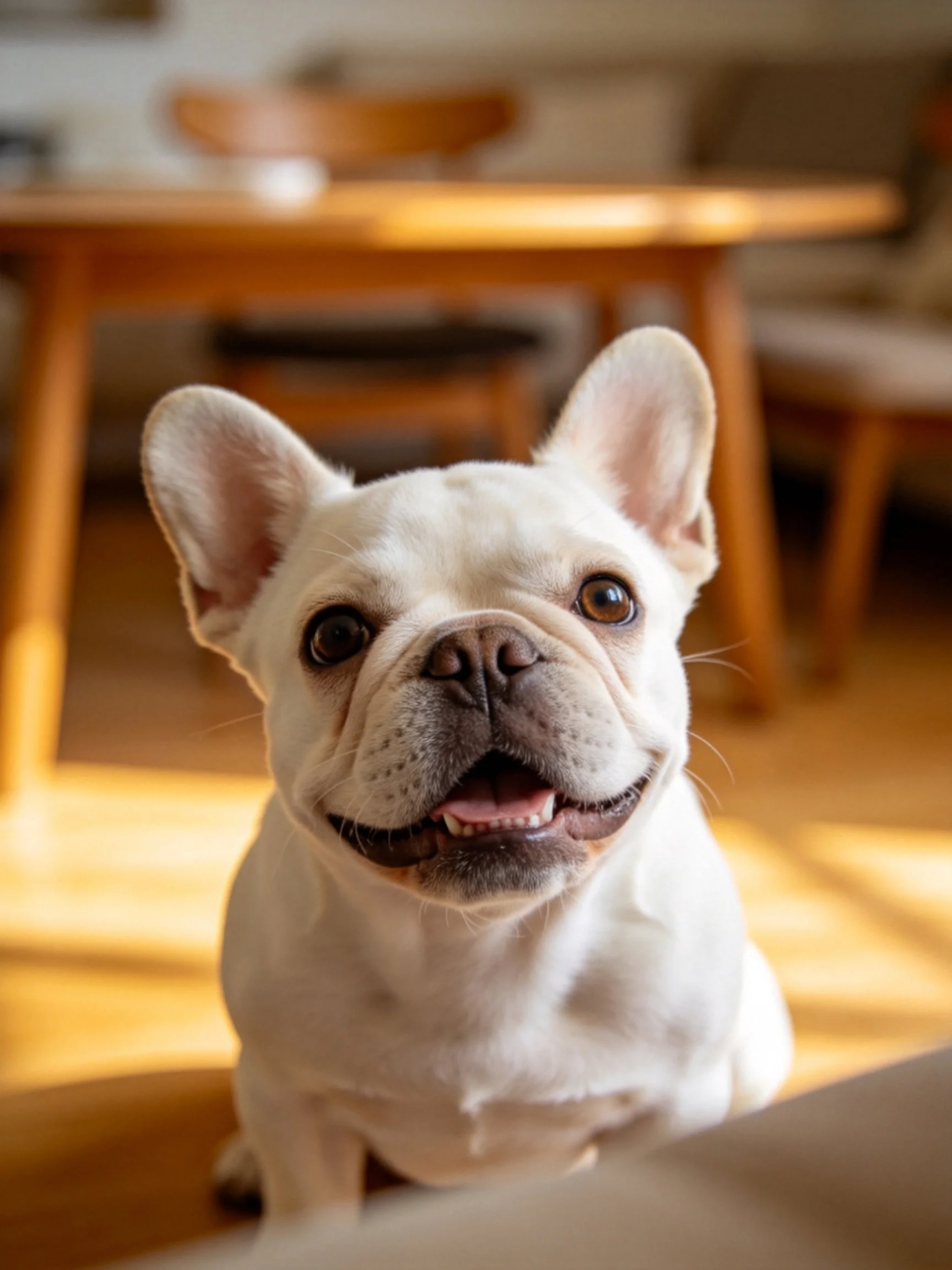 A white French bulldog appears joyful in a sunlit indoor setting