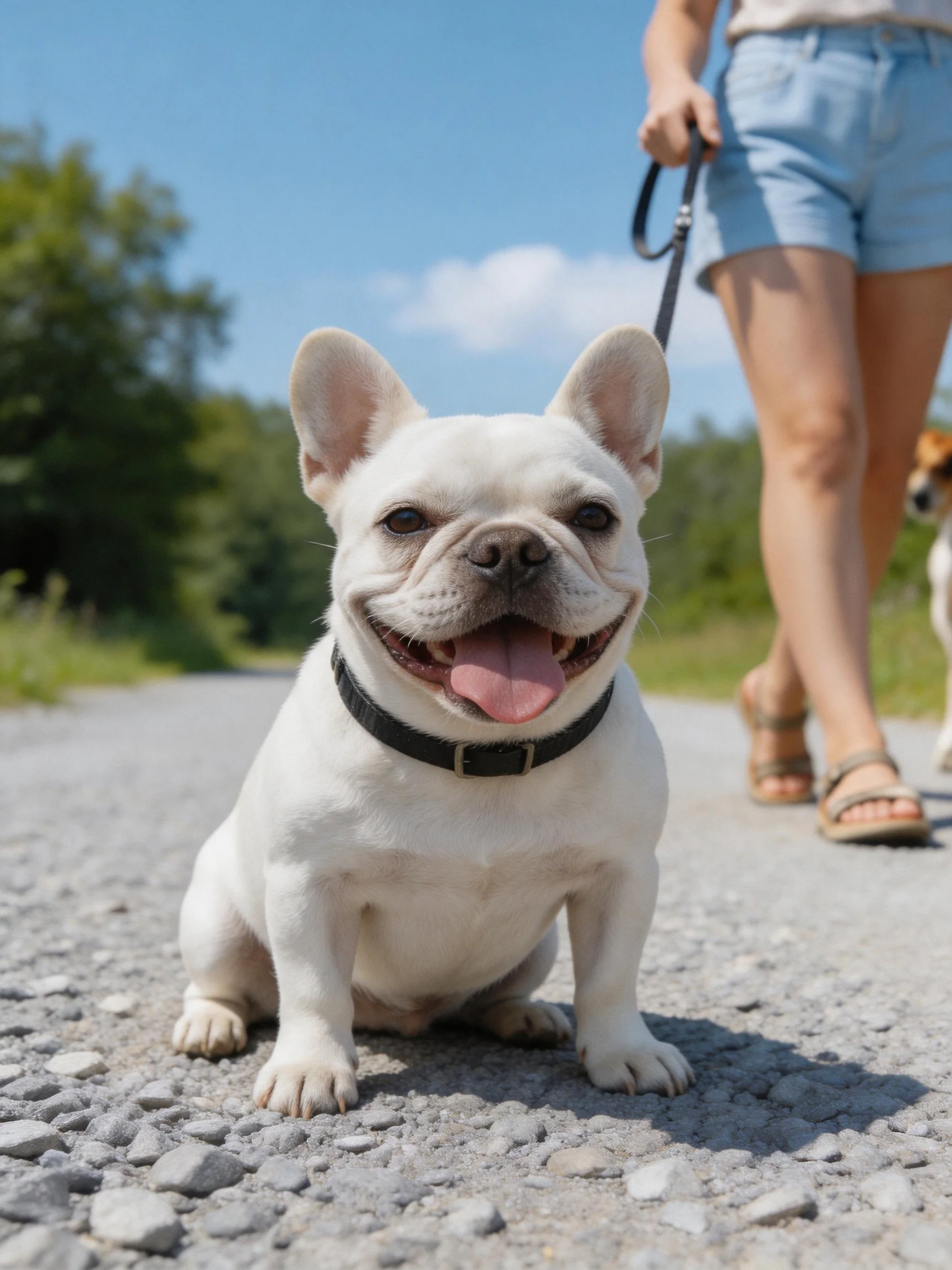 A white French bulldog sits on a gravel path near a person