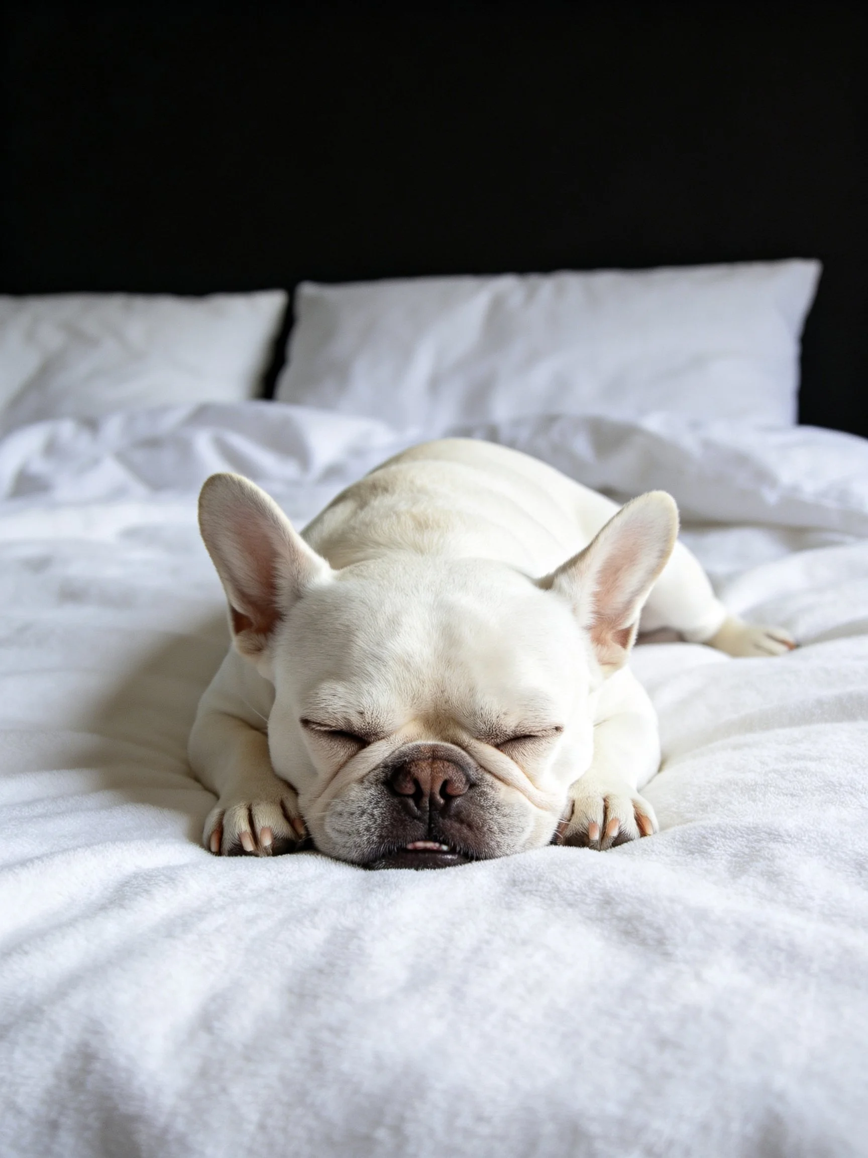 A French bulldog sleeps on a white bed with pillows
