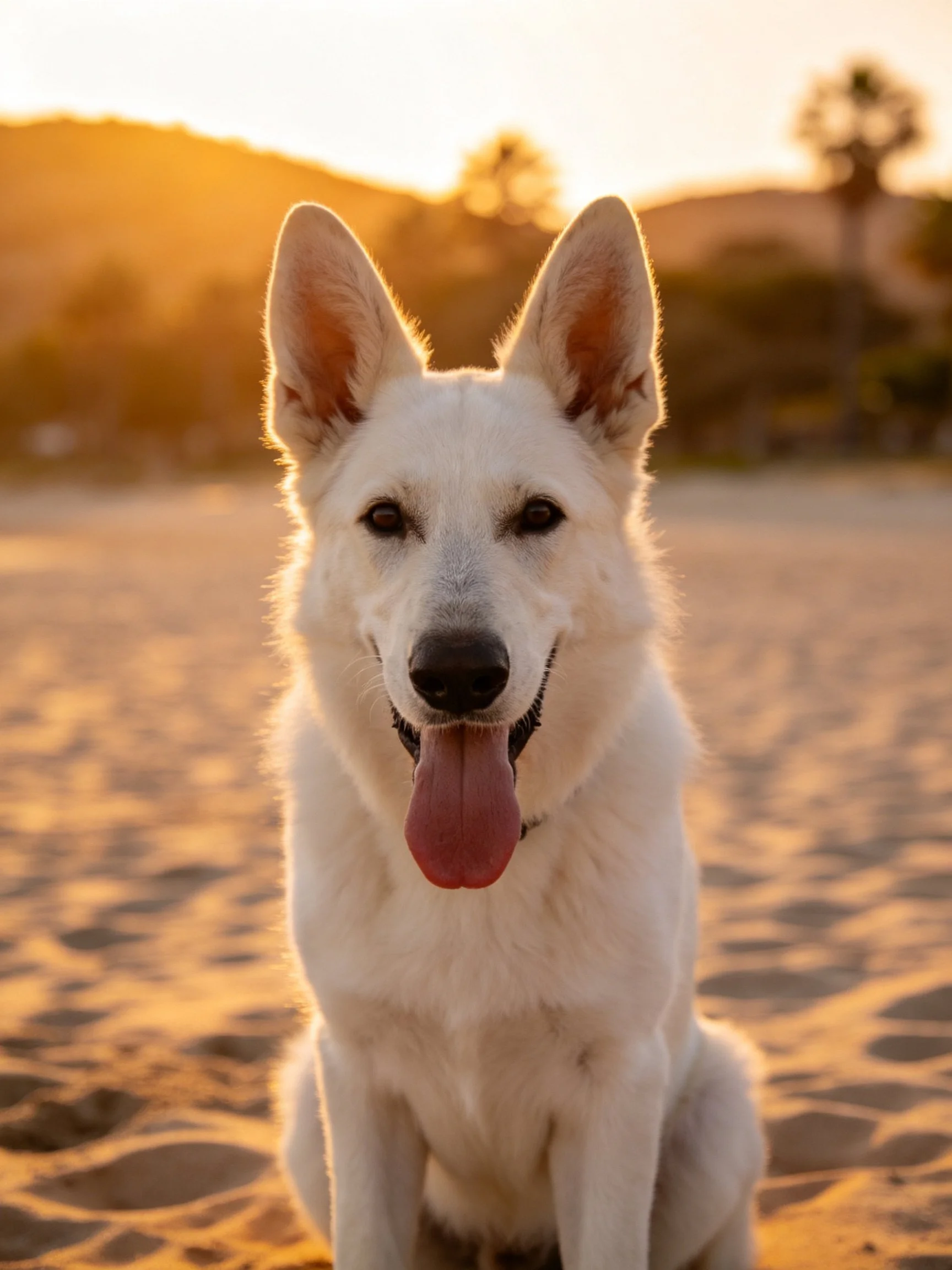 A white German Shepherd sits on sand during golden hour.