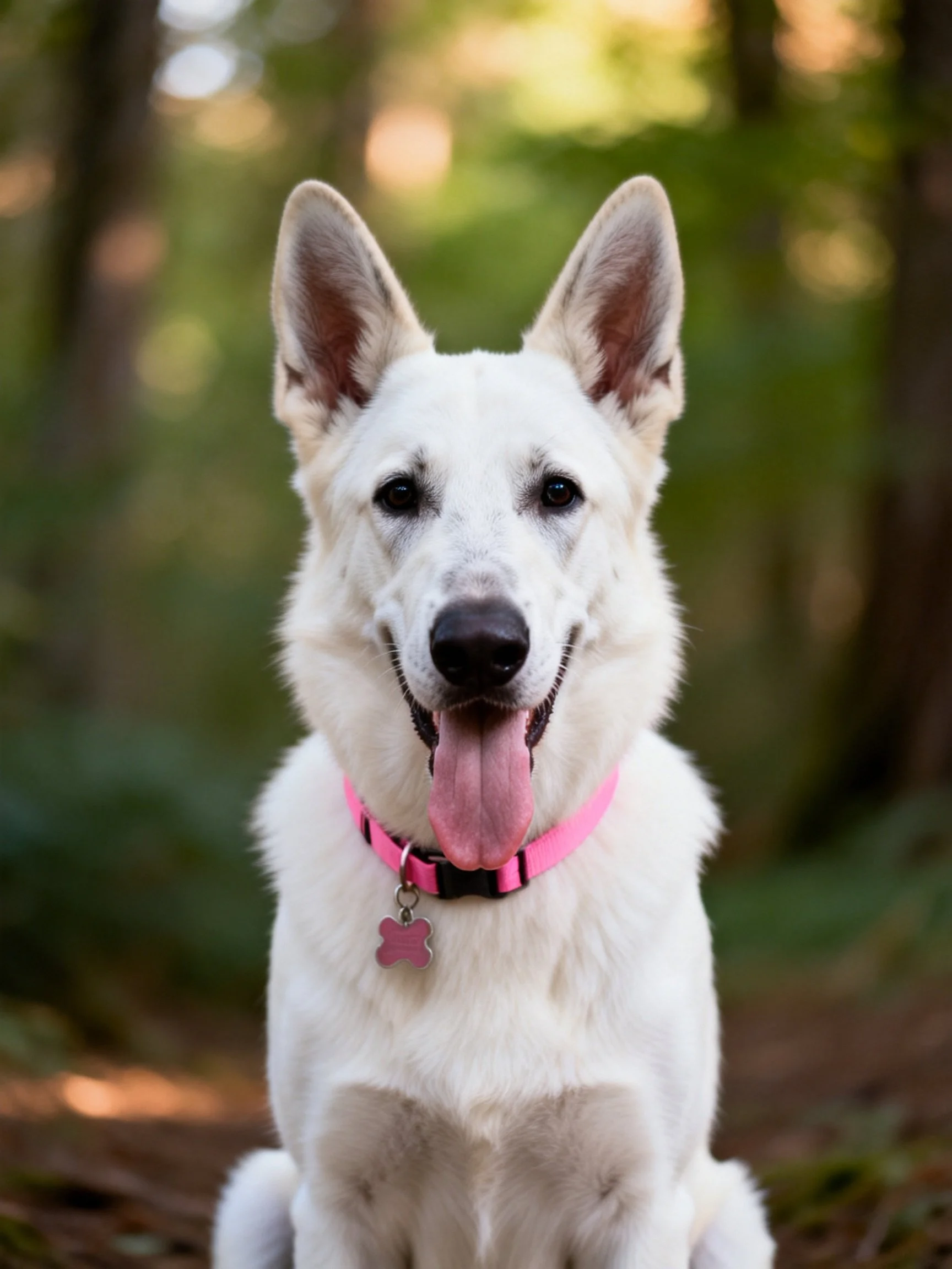 A white German Shepherd with a pink collar in a forest