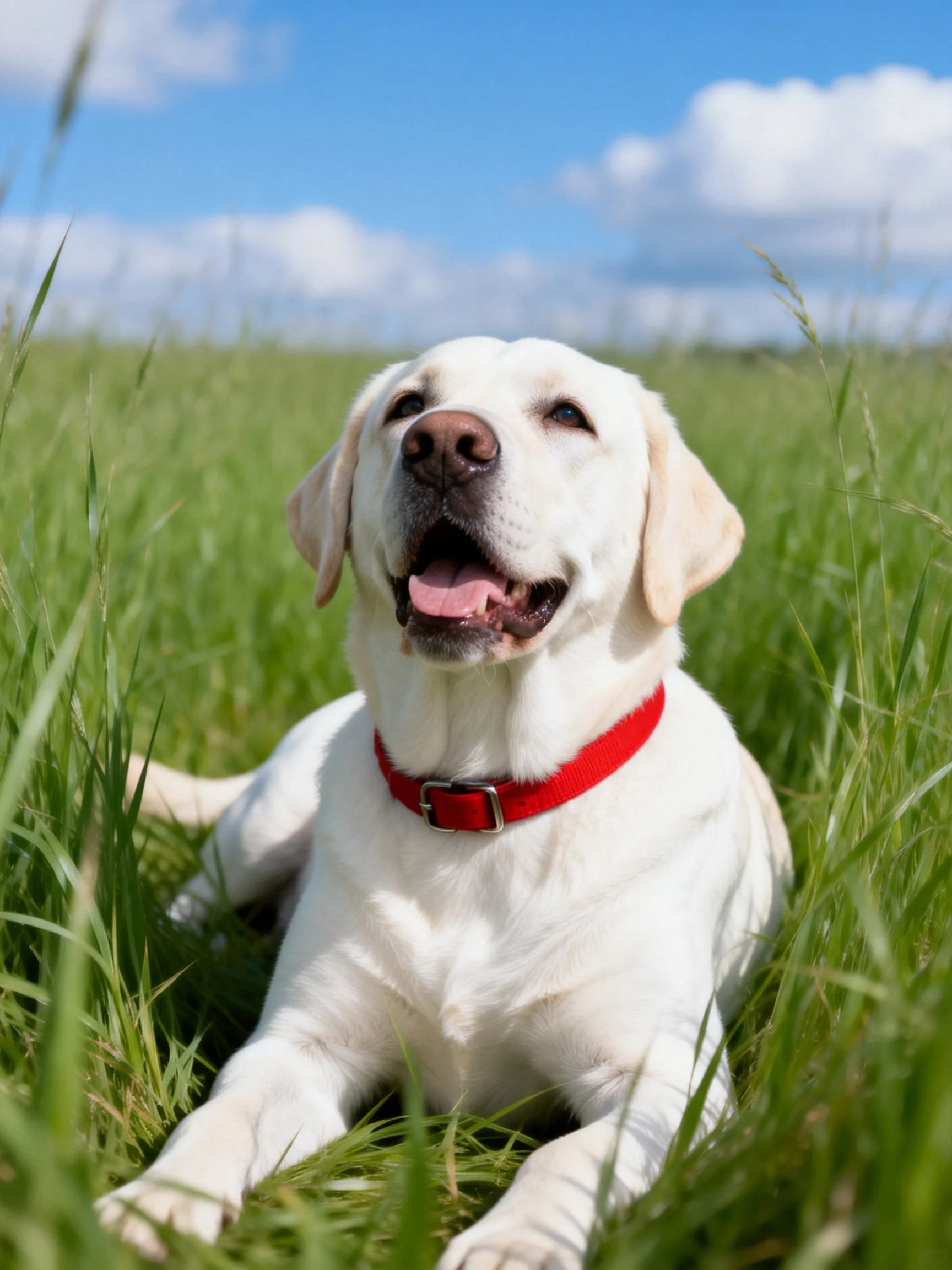 A white Labrador Retriever relaxes in tall green grass on a sunny day