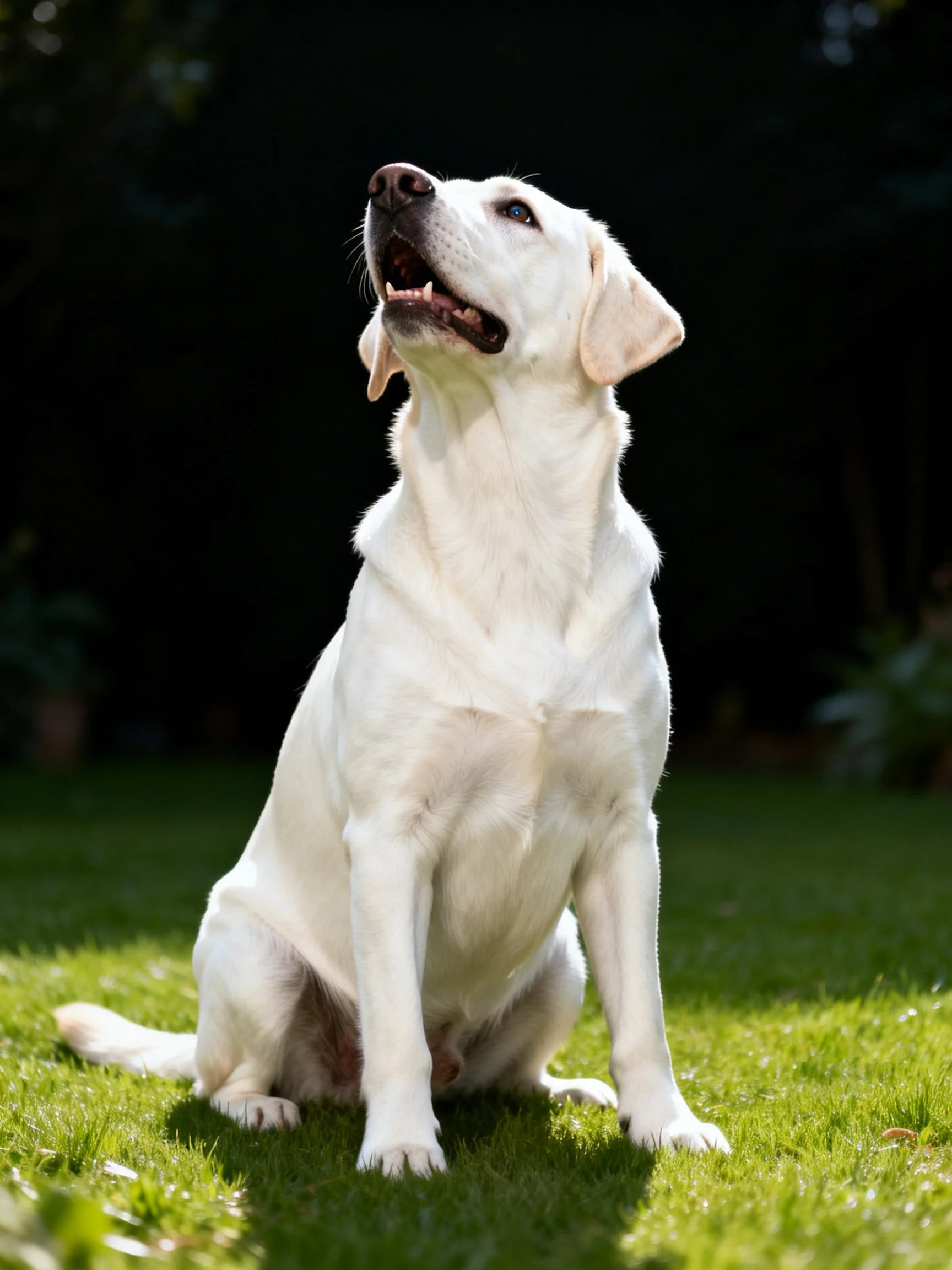 A white Labrador Retriever sits attentively on green grass outdoors.