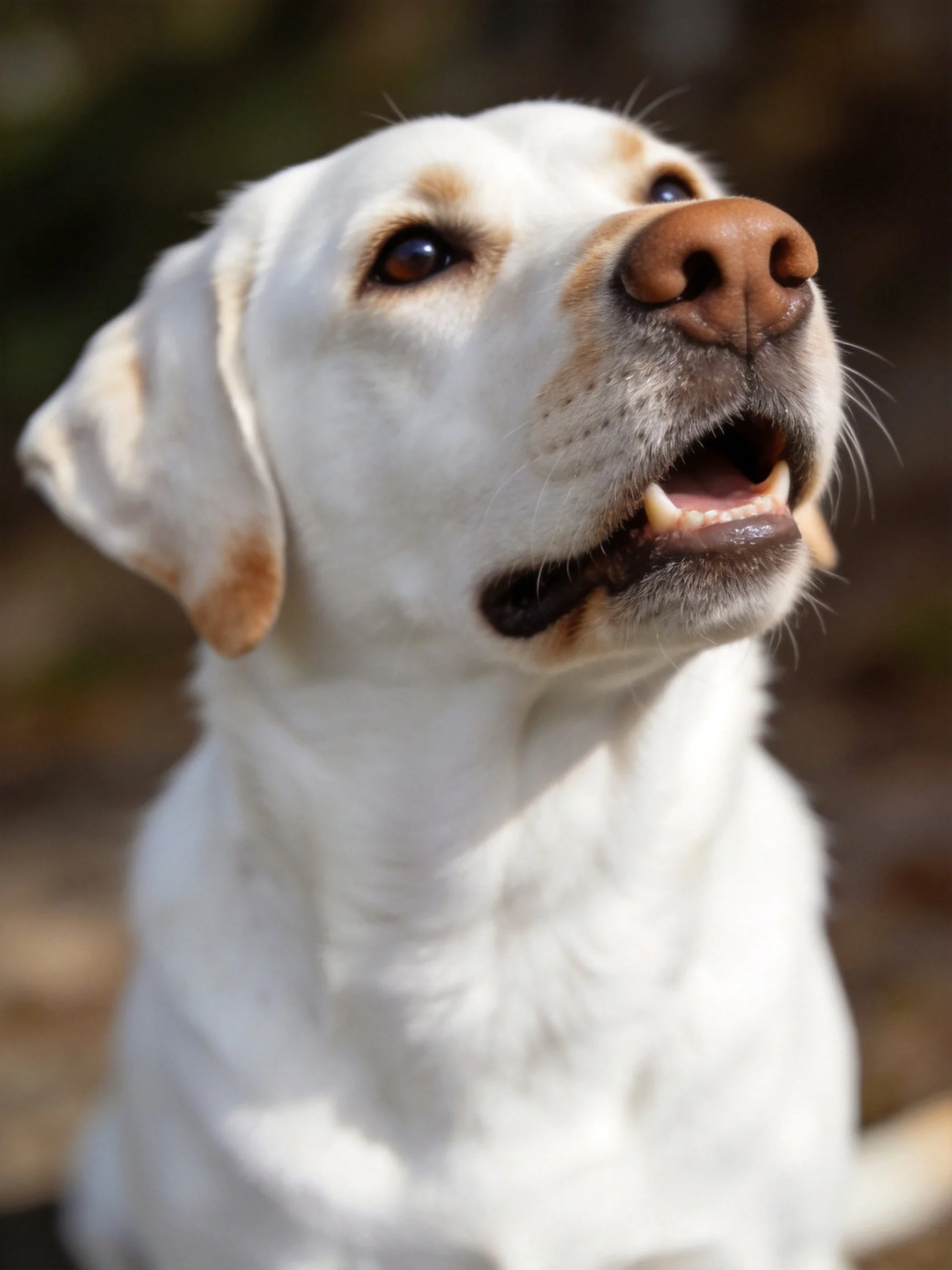 A white Labrador Retriever with tan markings looks upward in an outdoor setting.