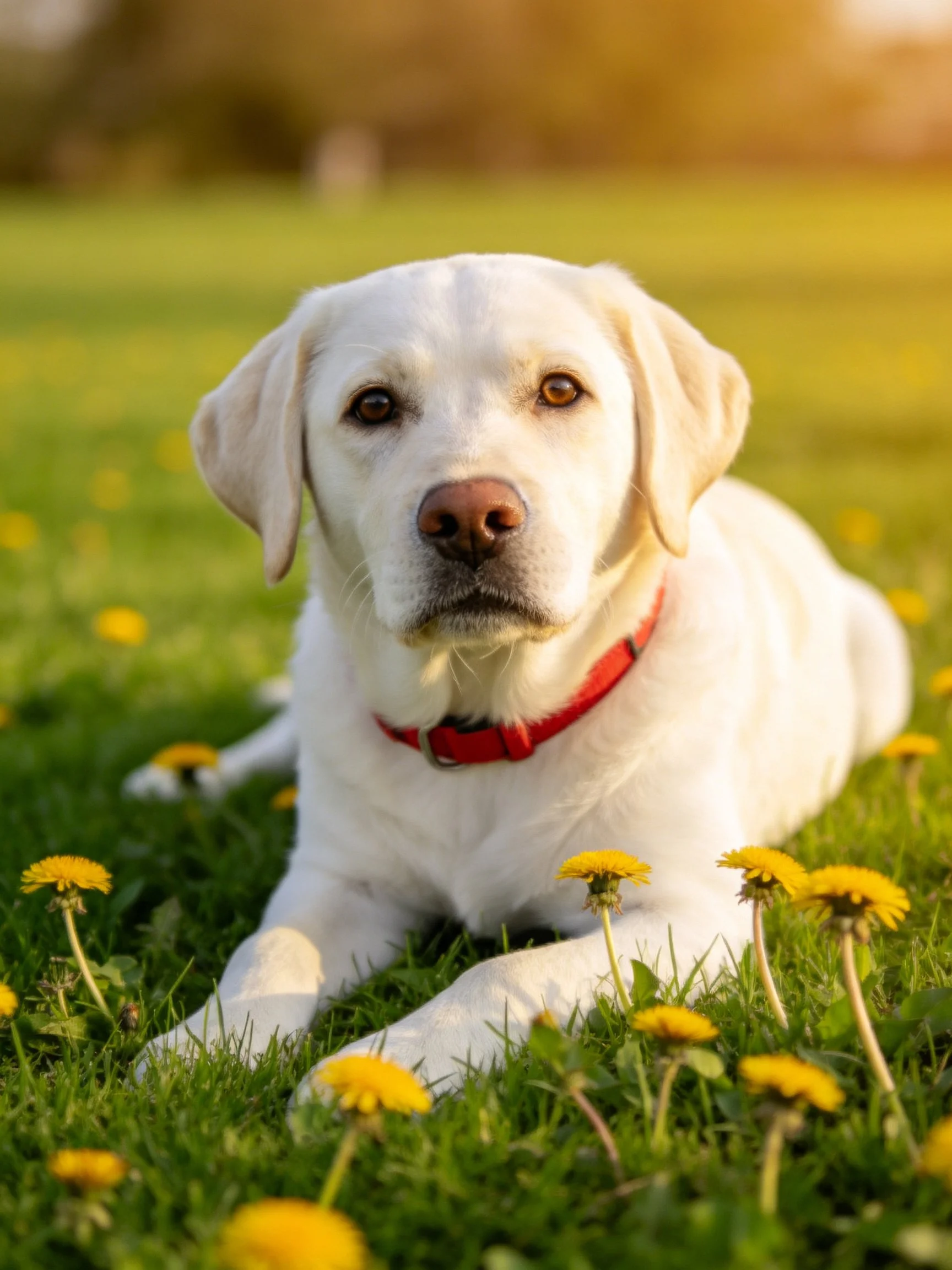 A white Labrador rests among dandelions in a sunlit grassy area.