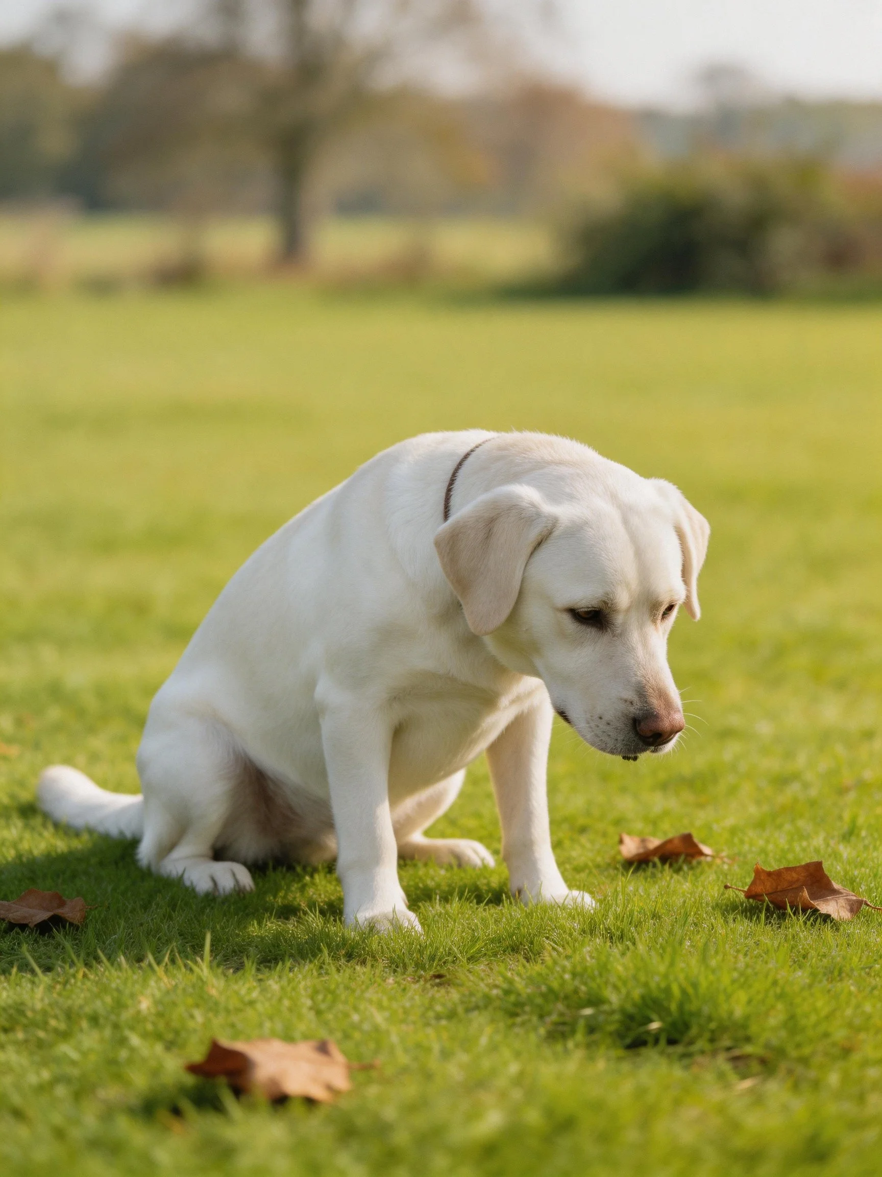 A white Labrador puppy sits on green grass with scattered brown leaves.