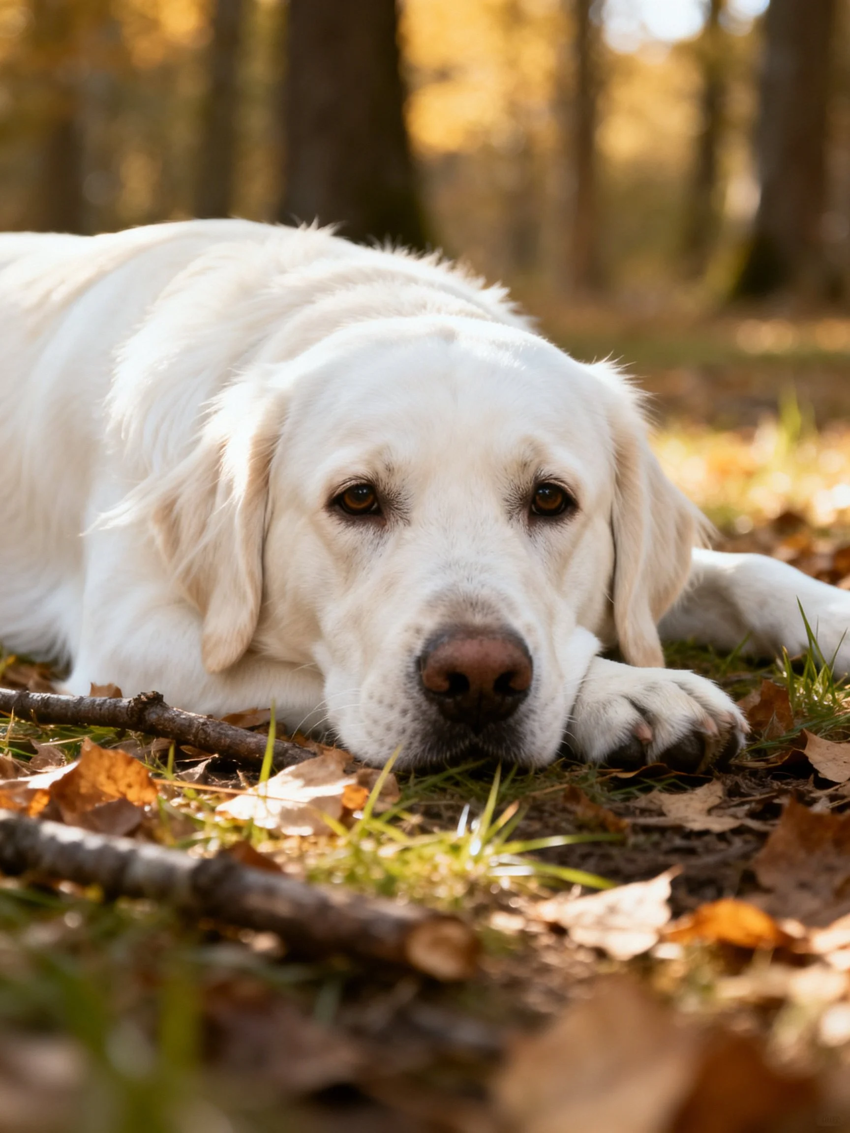 A white Labrador relaxes on autumn leaves in a sunlit forest.