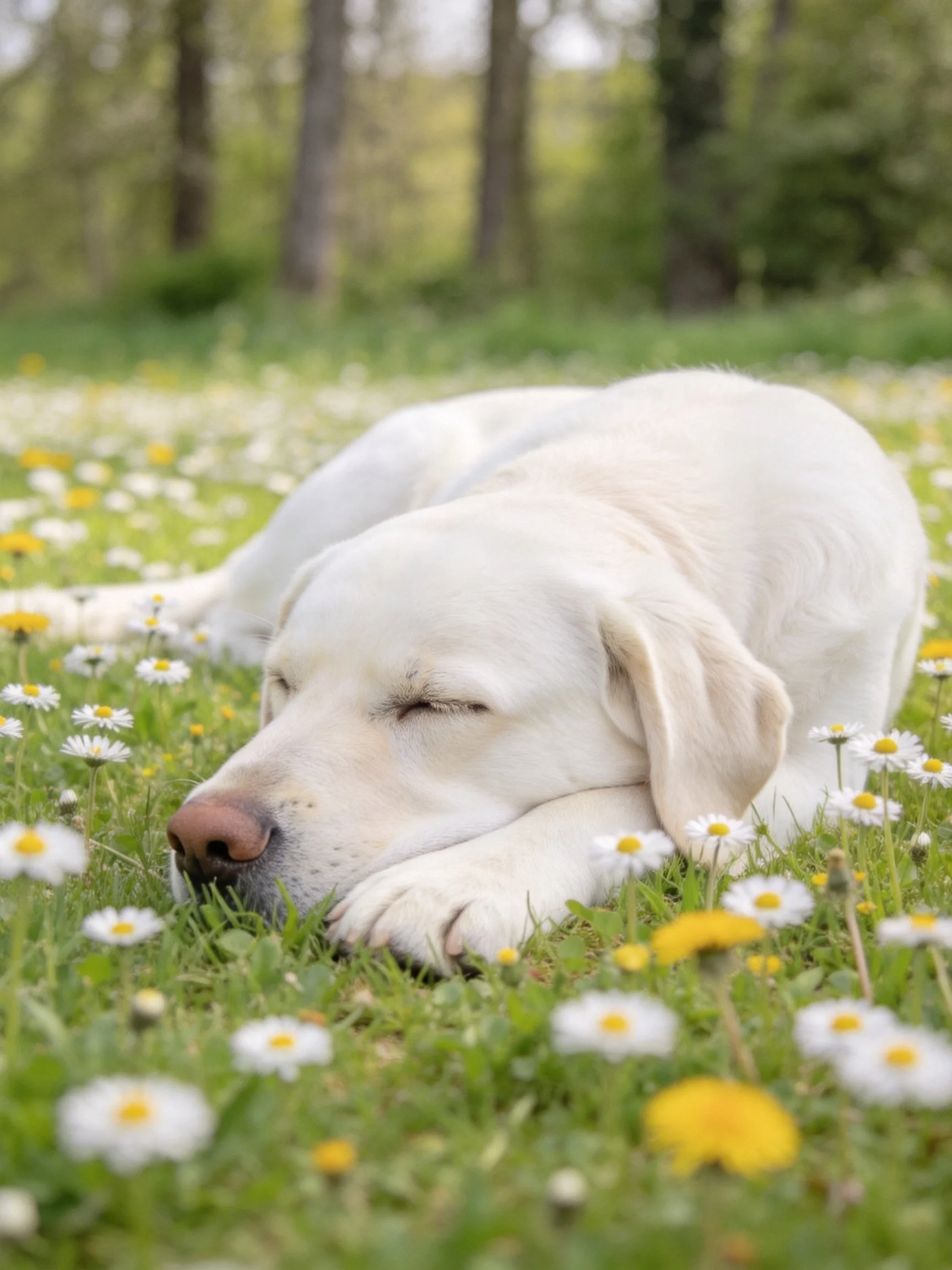 A white Labrador peacefully sleeps in a field of daisies and wildflowers