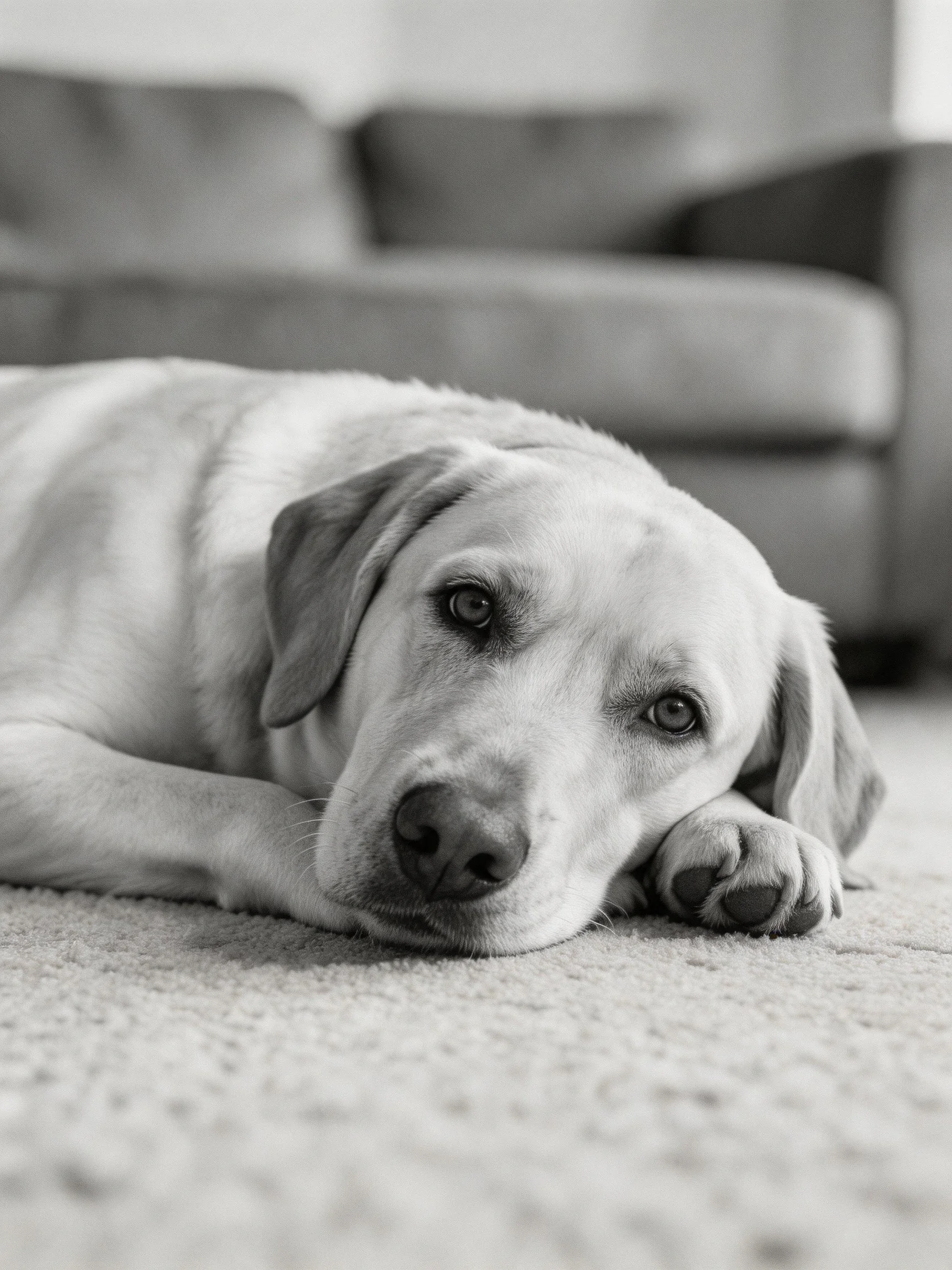 A white Labrador rests on a plush carpet near a sofa