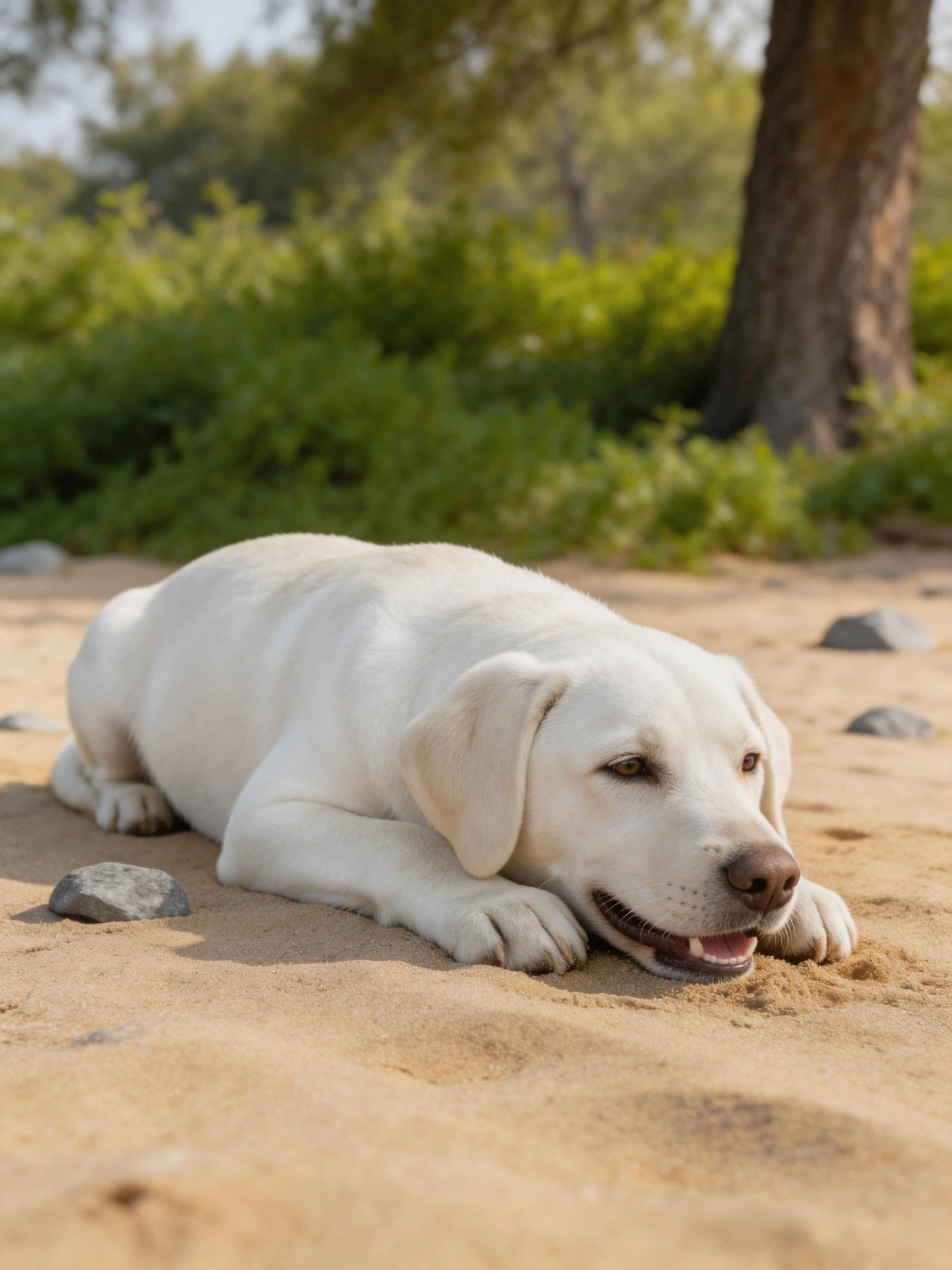 A white Labrador relaxes on sandy ground near greenery