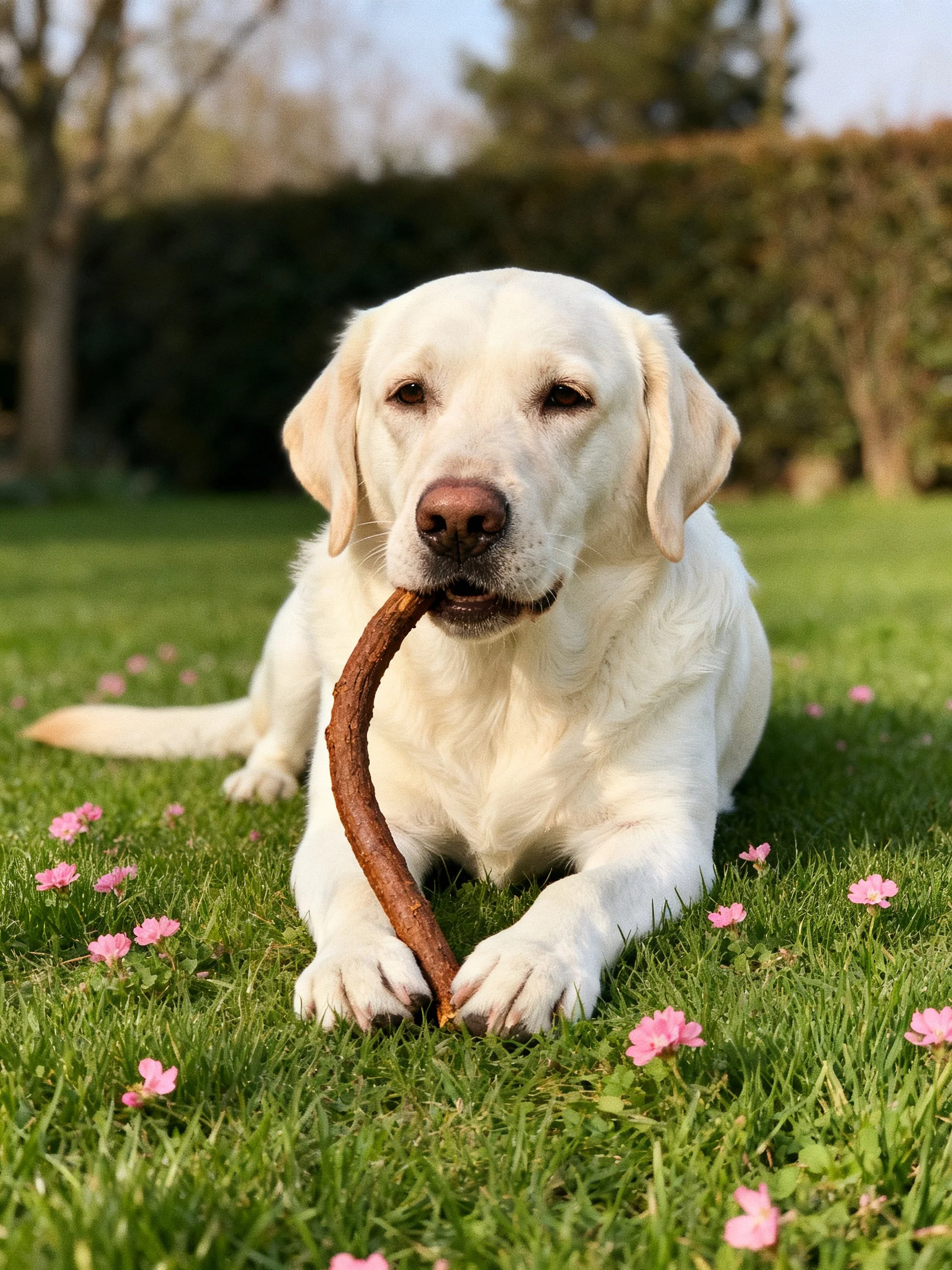 A white Labrador retriever chews a stick while lying on grass with pink flowers.
