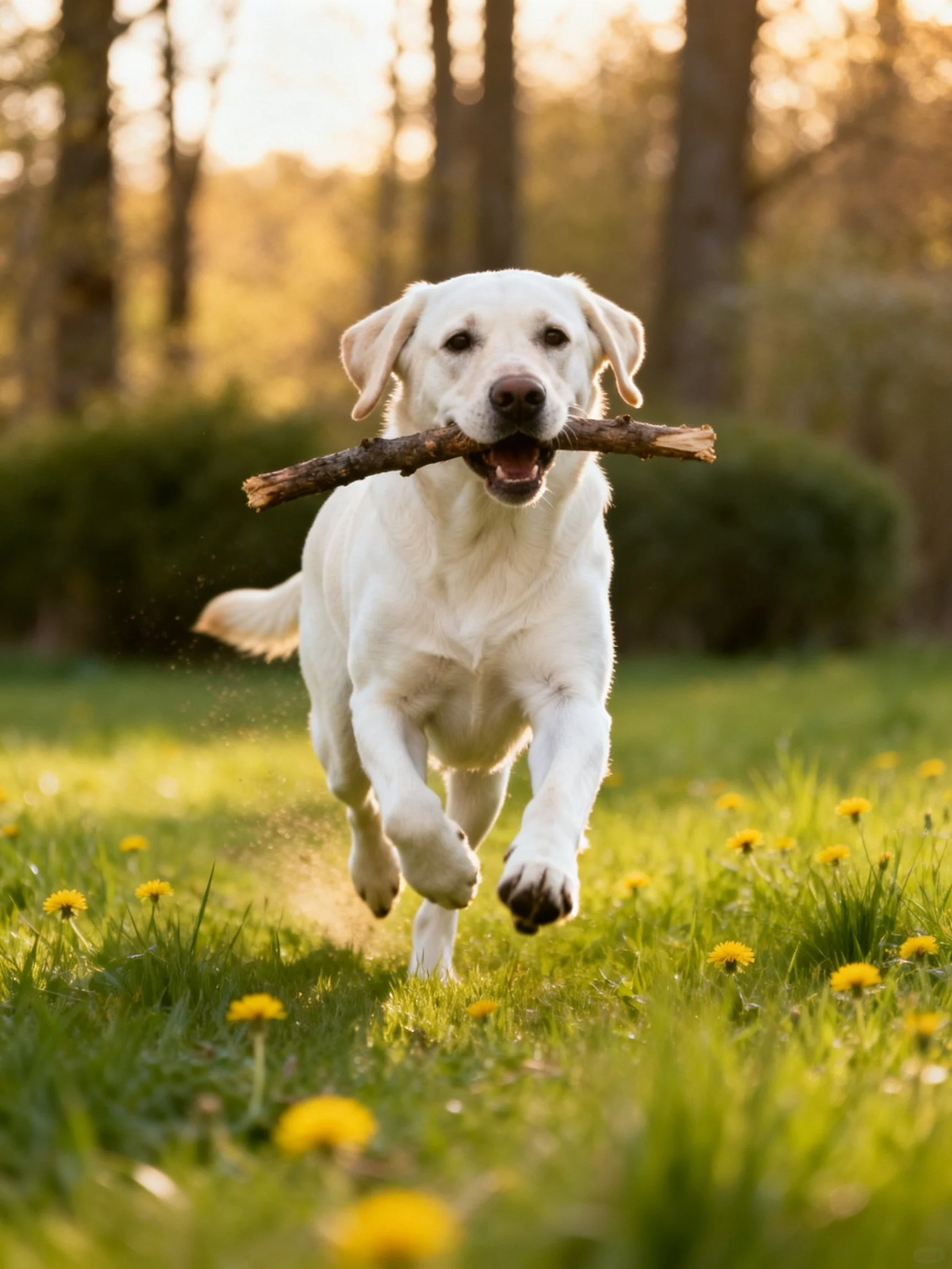 A white Labrador retriever carries a stick while running through a sunlit meadow.