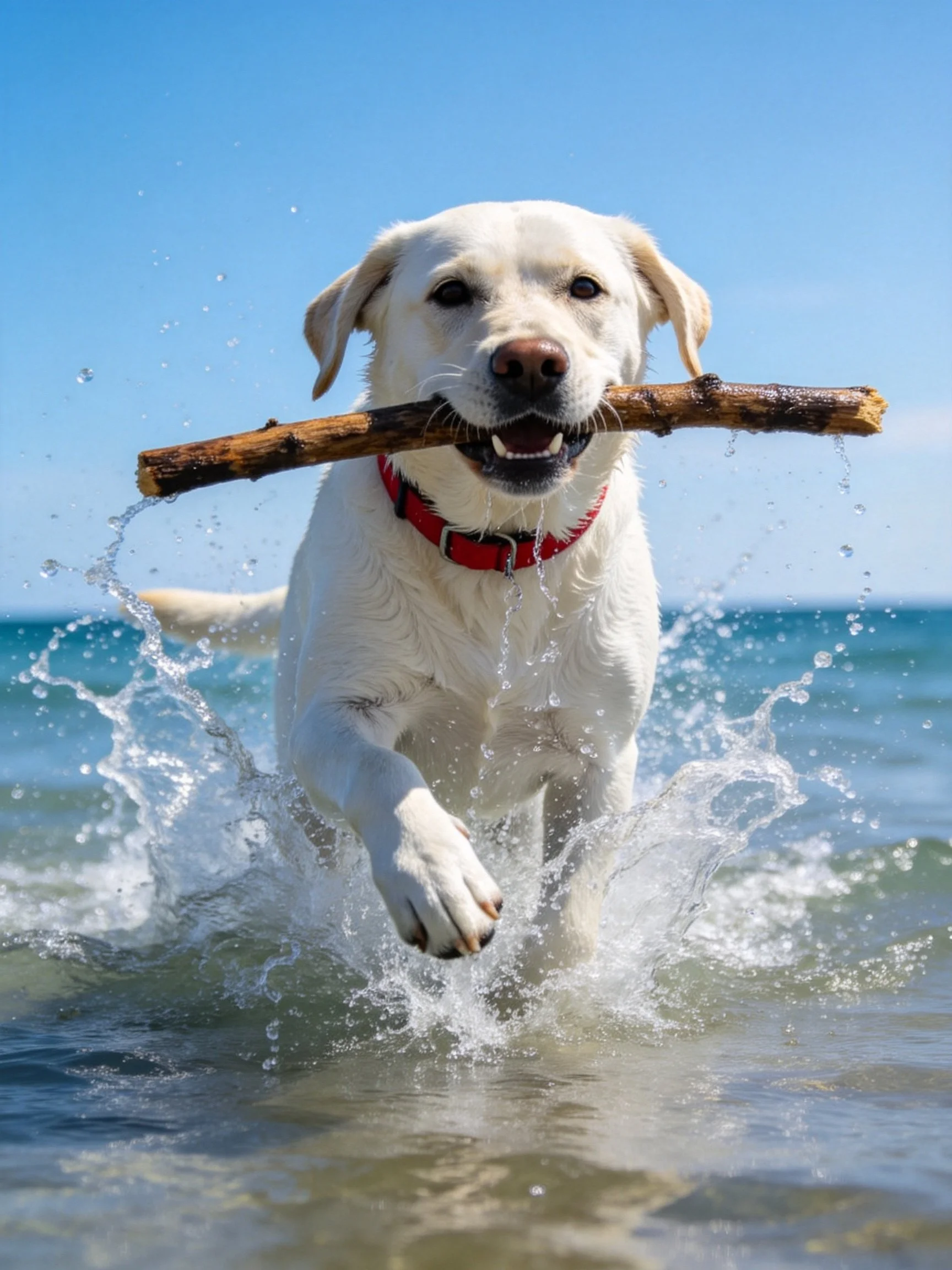 A white Labrador retriever carries a stick while running through shallow ocean water.