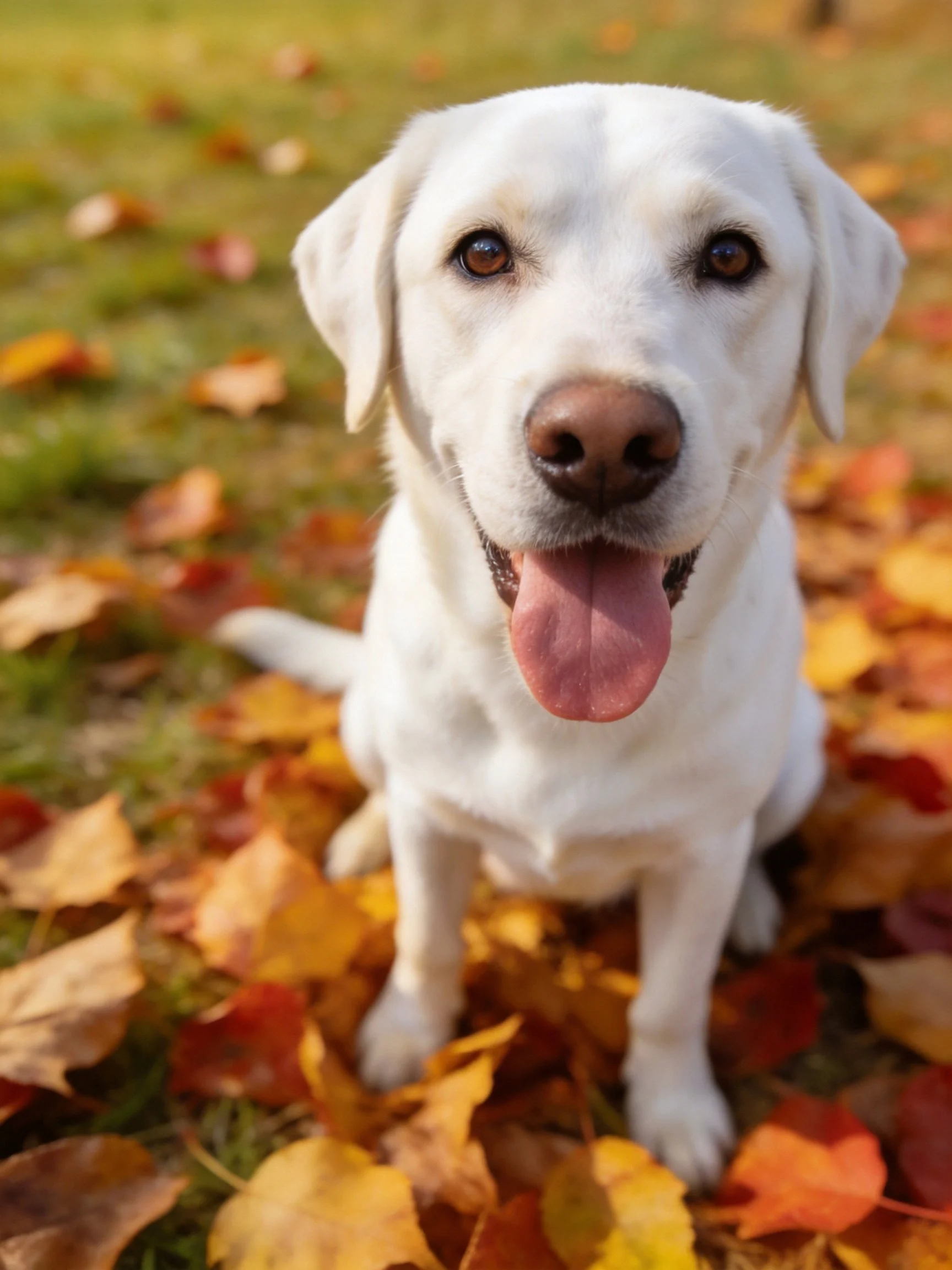 A white Labrador retriever sits amid vibrant fall foliage