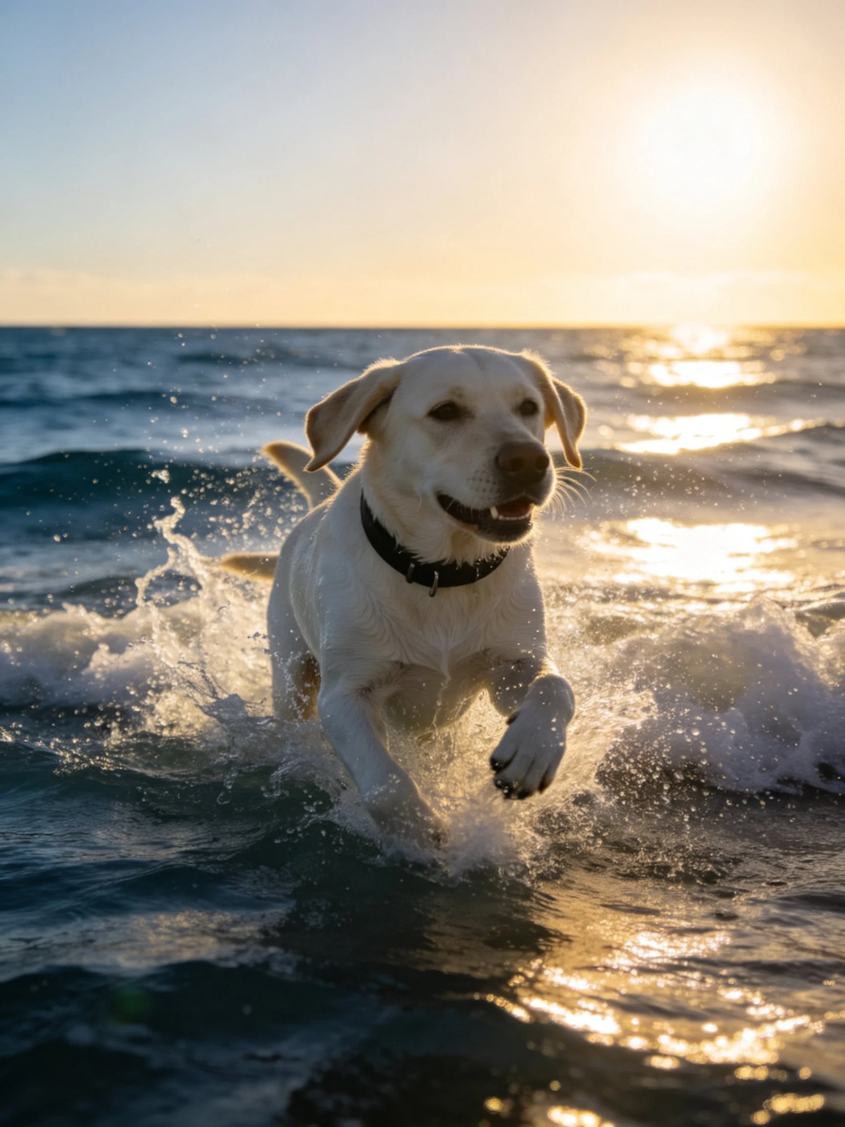 A white Labrador joyfully runs through ocean waves during sunset.