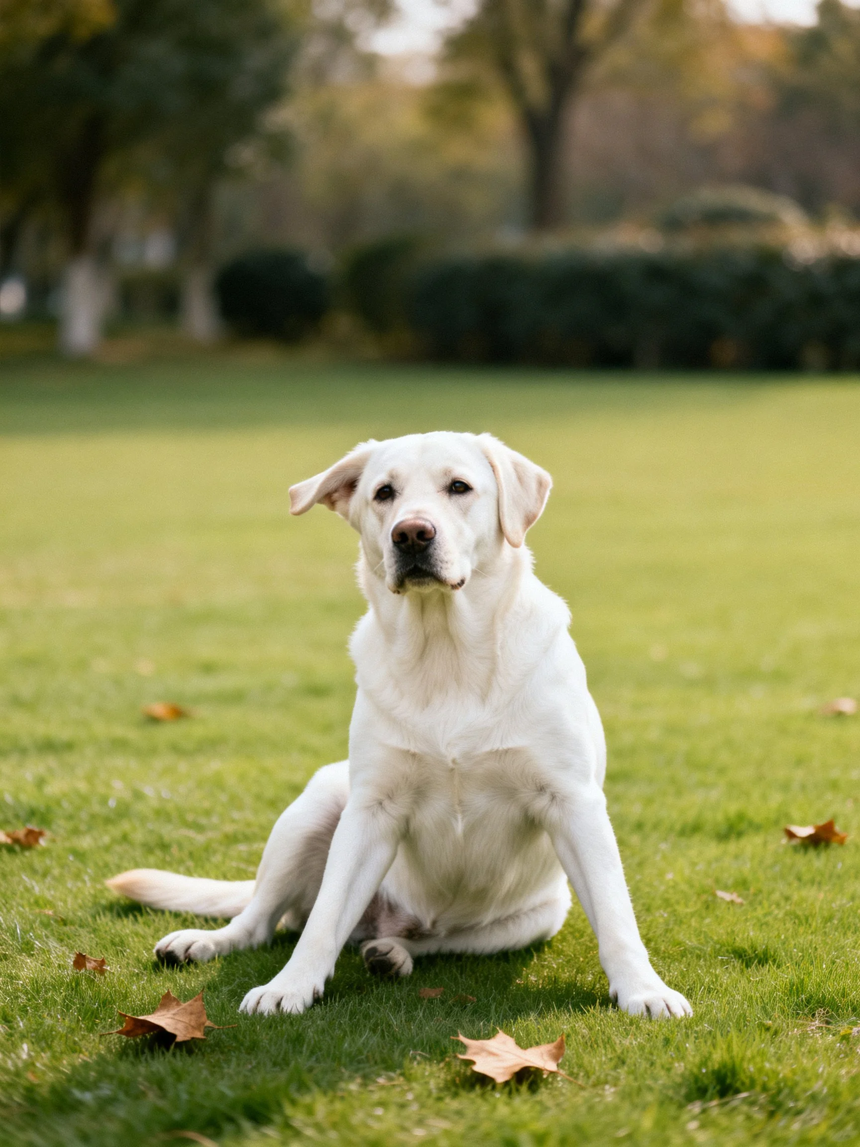 A white Labrador sits calmly on green grass amid scattered autumn leaves.
