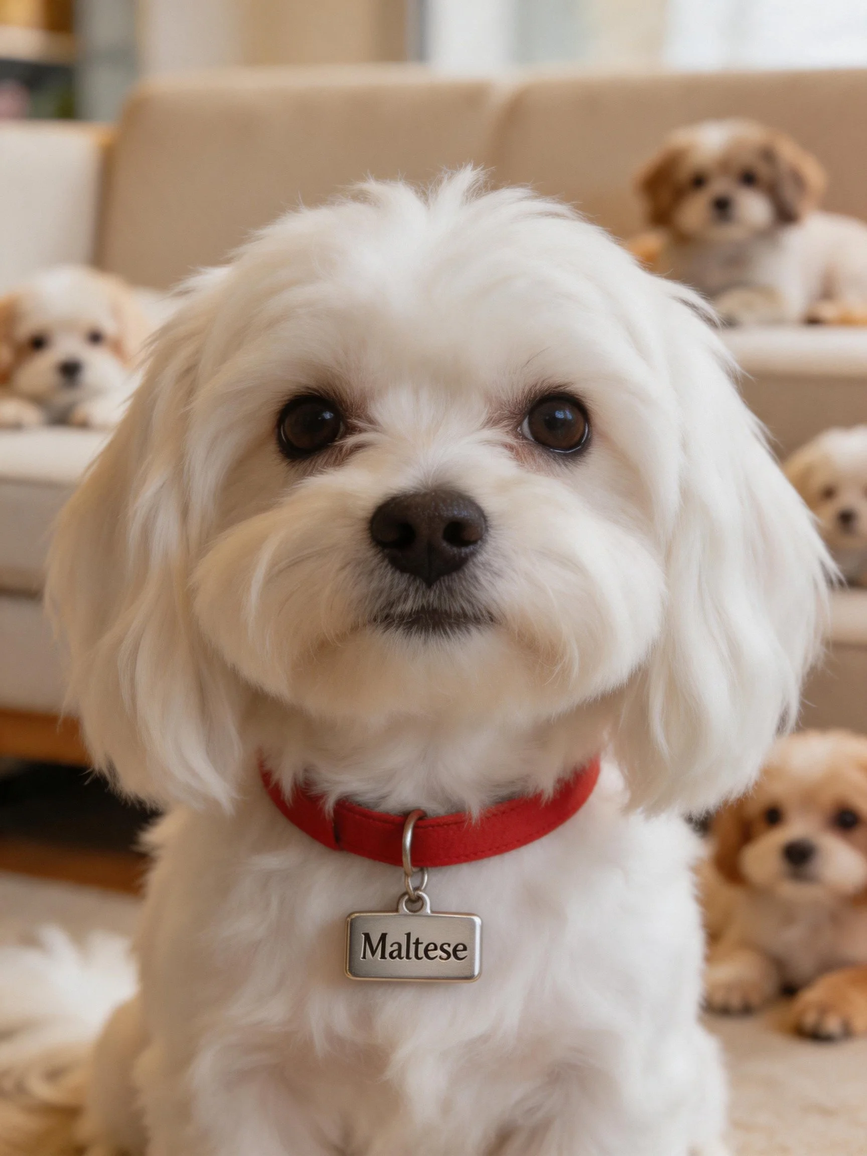 A white Maltese dog with a red collar among several small dogs
