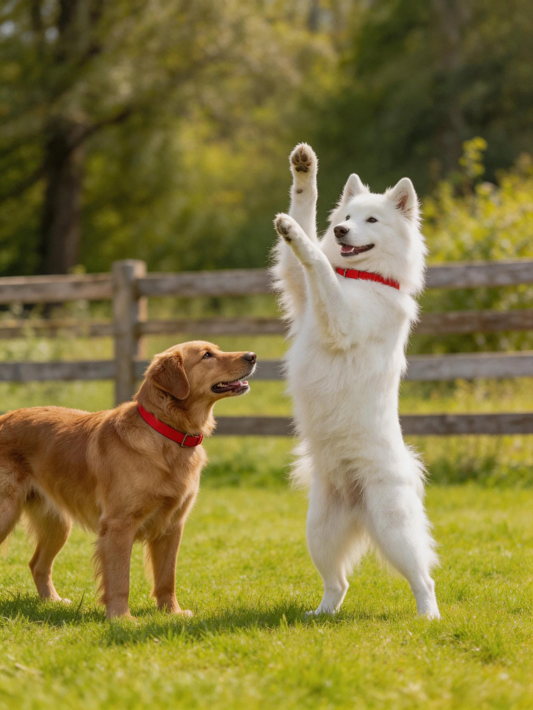 Two dogs interact, one white dog stands on hind legs near a golden retriever