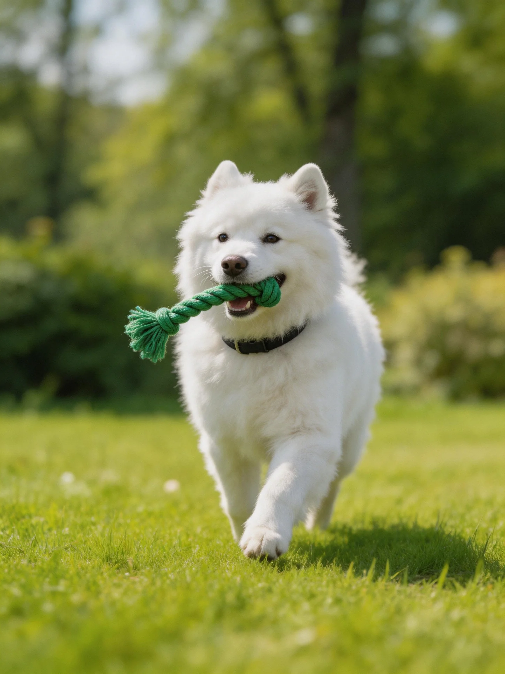 A white Samoyed dog plays with a green rope toy outdoors