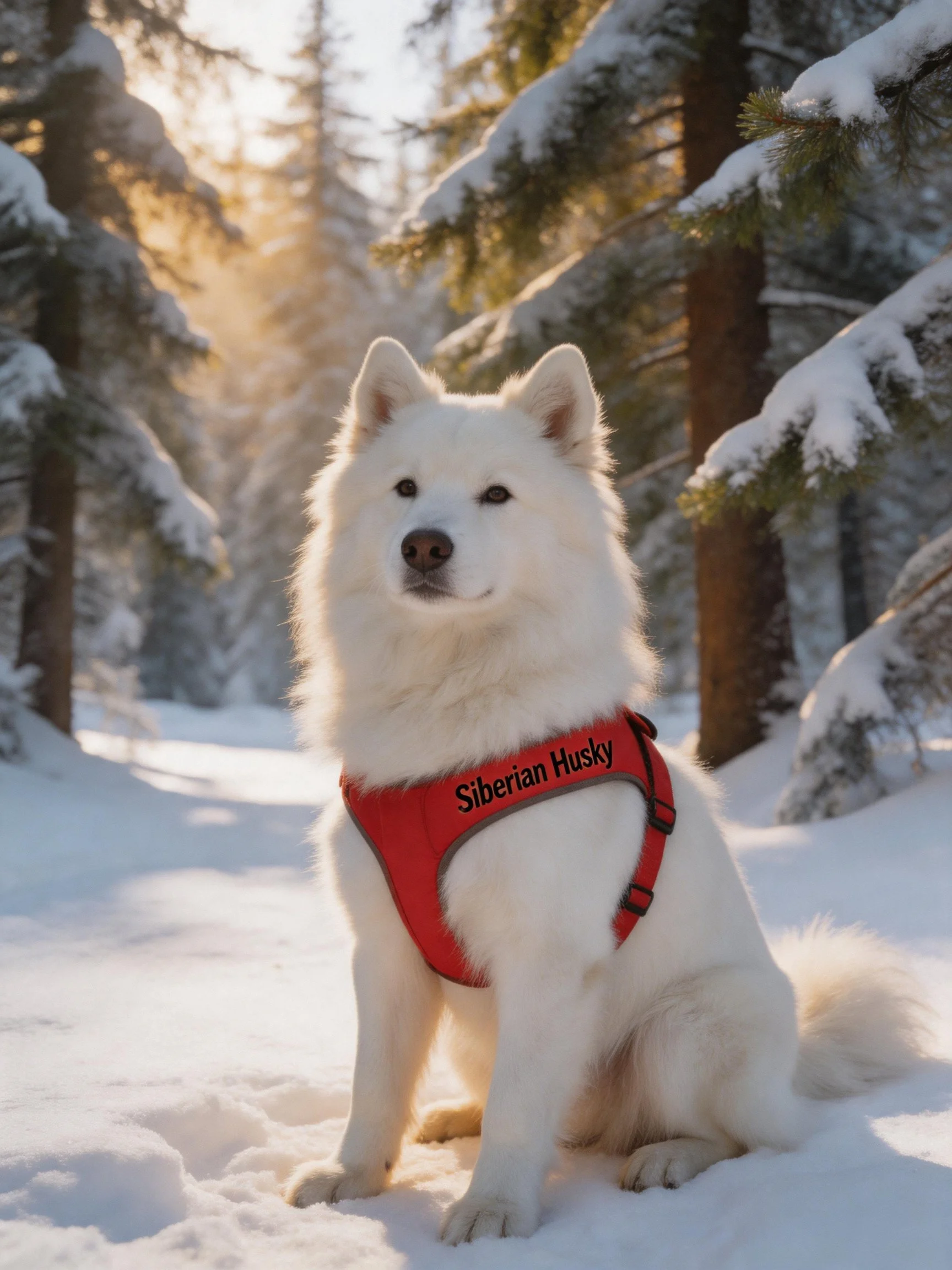 A white Siberian Husky with a red harness sits in a snowy forest setting.