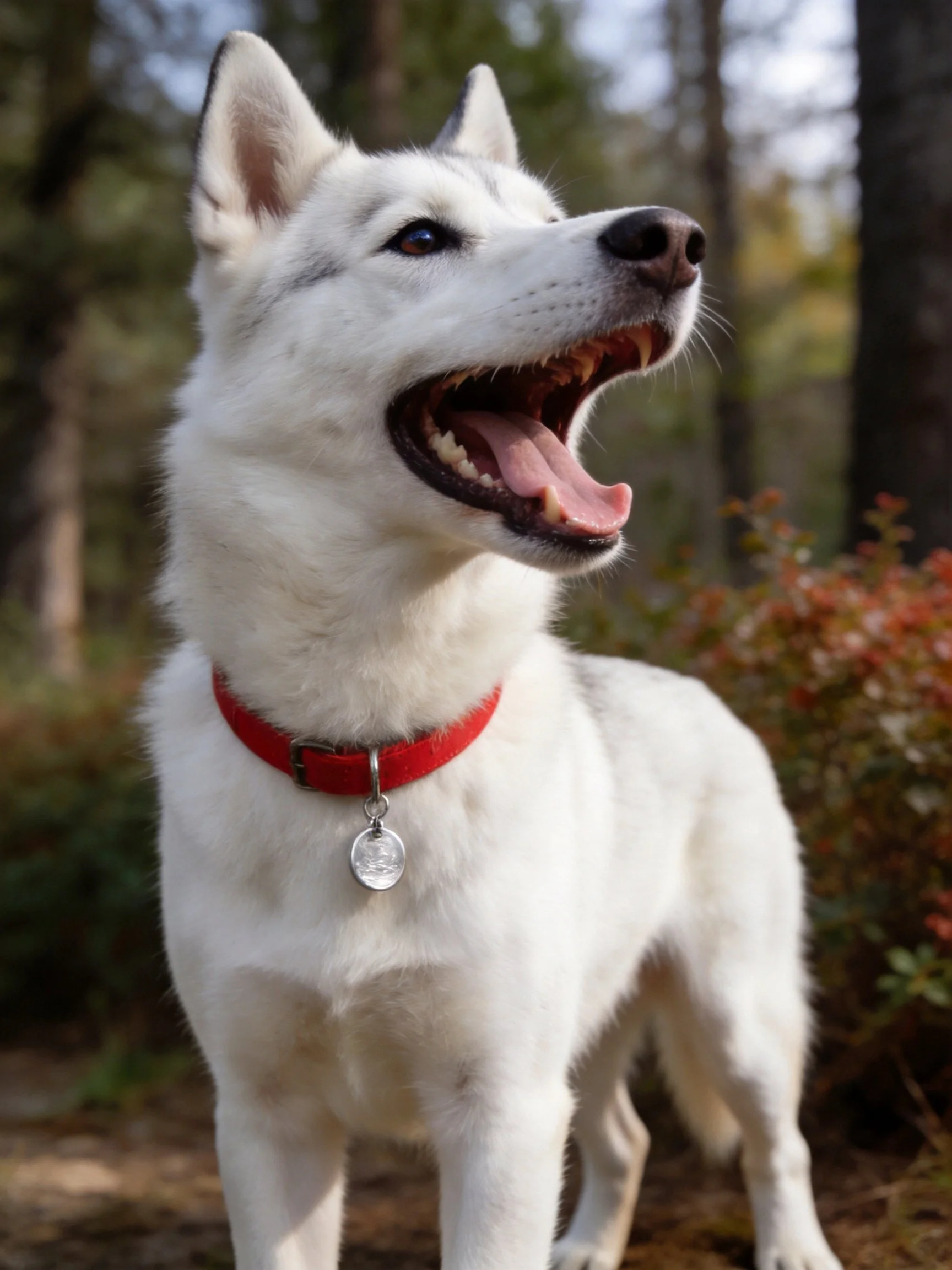 A white Siberian Husky stands outdoors near trees with its mouth open.